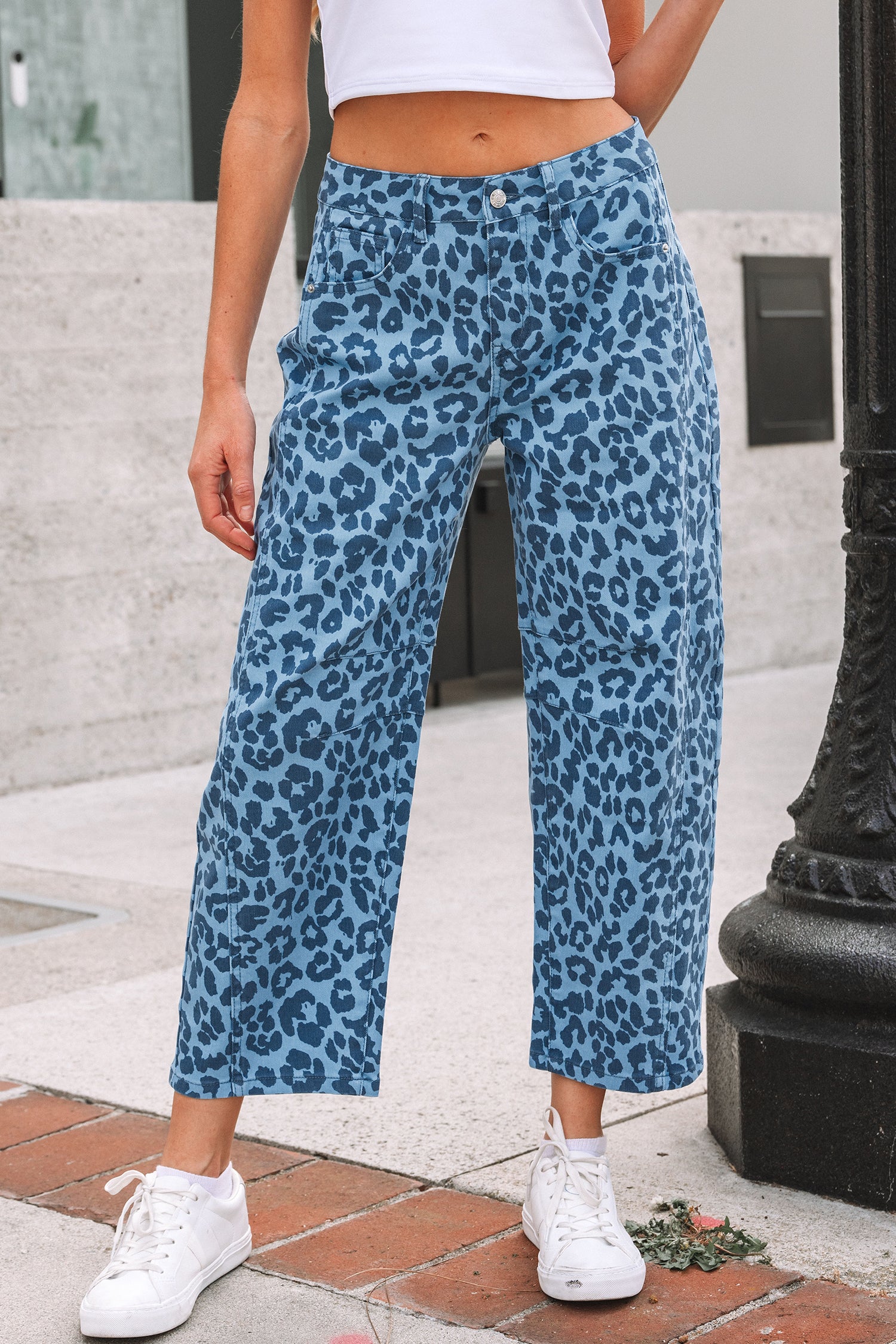 Sky Blue Leopard Print Straight Loose Jeans-Bottoms/Jeans-[Adult]-[Female]-2022 Online Blue Zone Planet