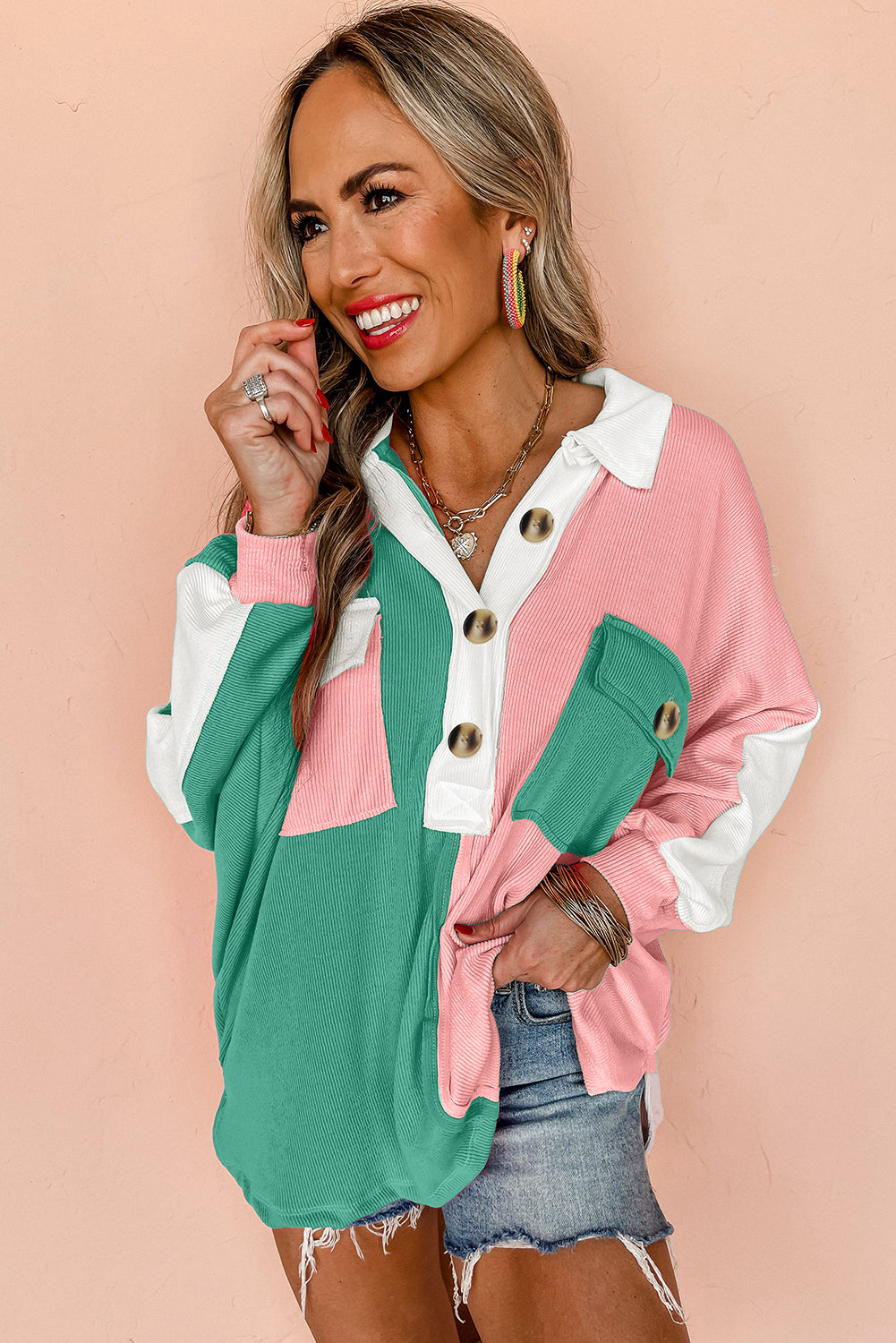 Pink Colorblock Ribbed Collared Oversized Sweatshirt-Tops/Sweatshirts & Hoodies-[Adult]-[Female]-2022 Online Blue Zone Planet