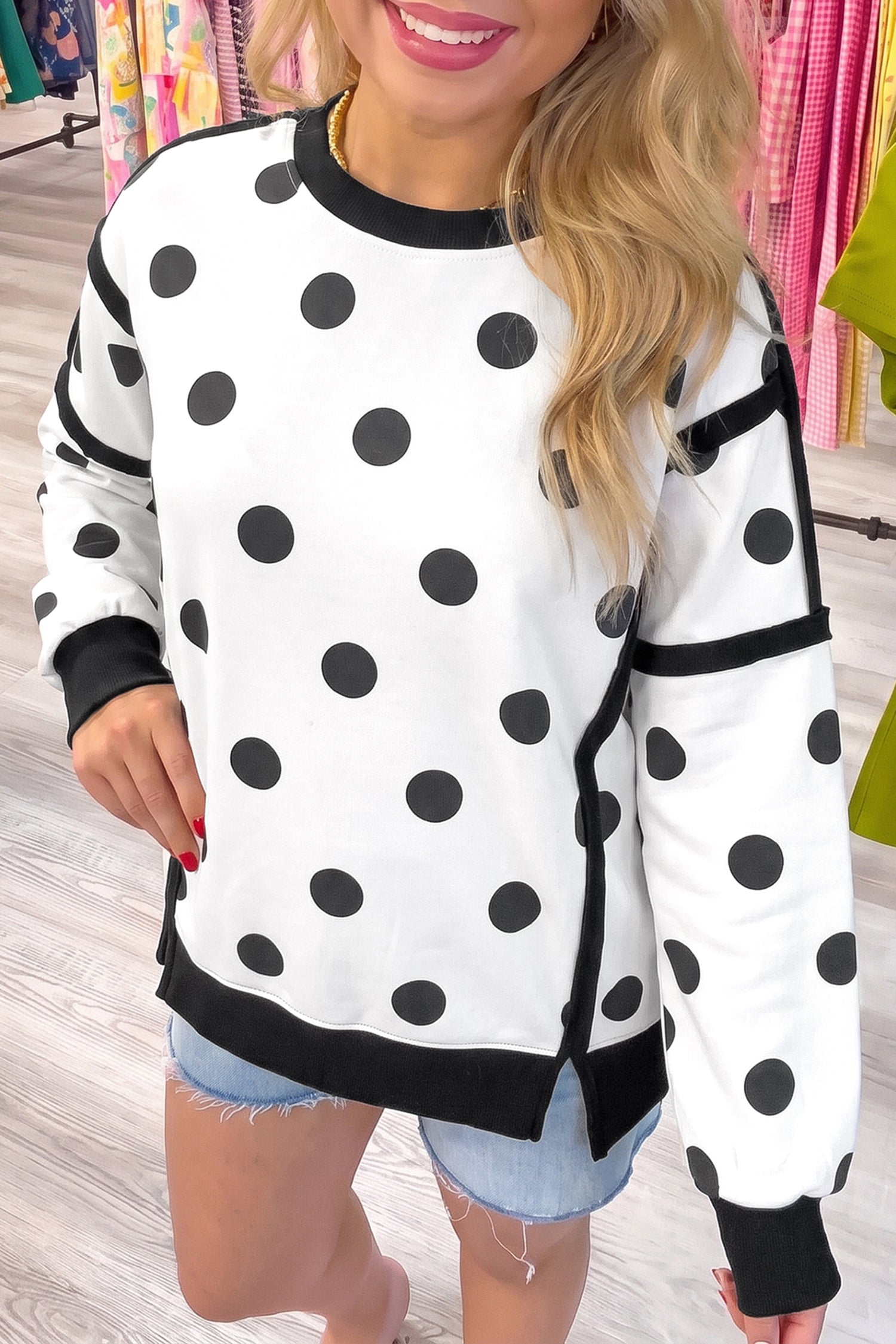 White Polka Dot Contrast Patchwork Round Neck Baggy Sweatshirt-Tops/Sweatshirts & Hoodies-[Adult]-[Female]-White-S-2022 Online Blue Zone Planet