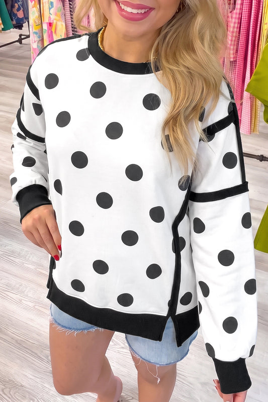 White Polka Dot Contrast Patchwork Round Neck Baggy Sweatshirt-Tops/Sweatshirts & Hoodies-[Adult]-[Female]-White-S-2022 Online Blue Zone Planet