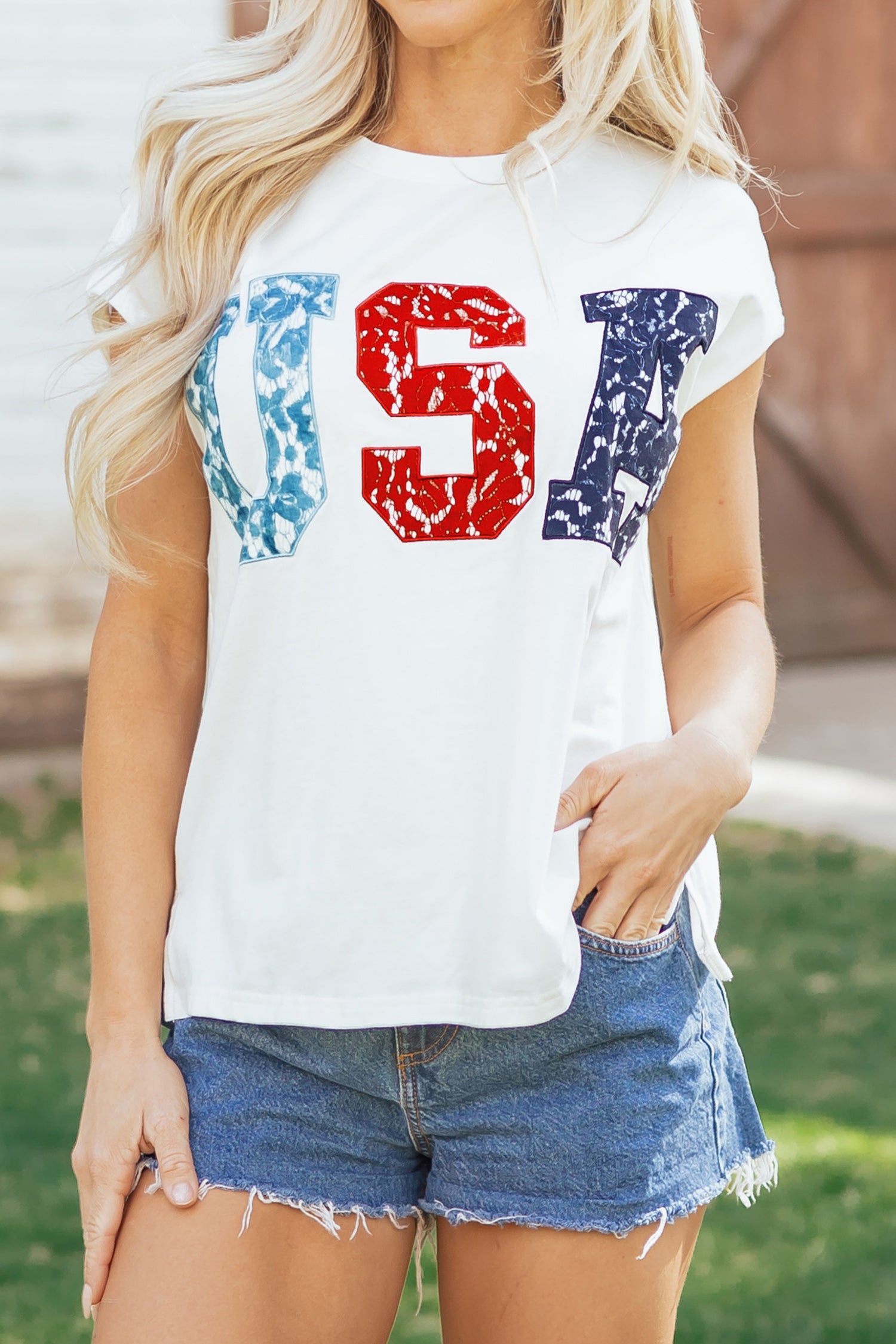 White Usa Color Block Letter Printed Dolman Tee-Tops/Tops & Tees-[Adult]-[Female]-2022 Online Blue Zone Planet