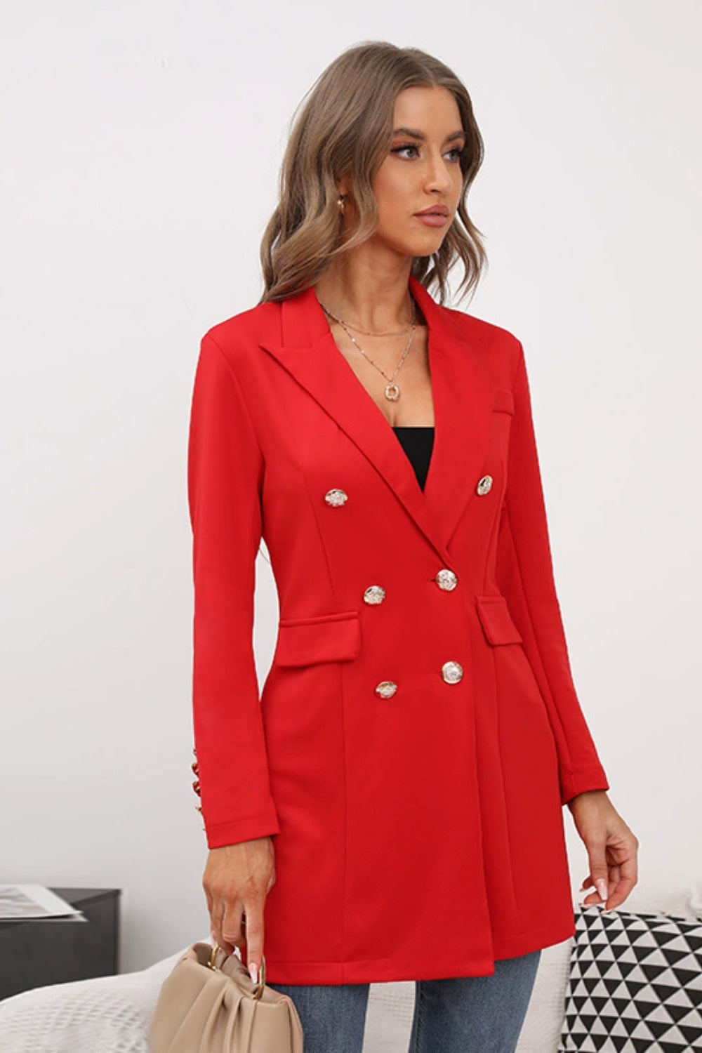 Buttoned Lapel Collar Long Sleeve Blazer-TOPS / DRESSES-[Adult]-[Female]-2022 Online Blue Zone Planet