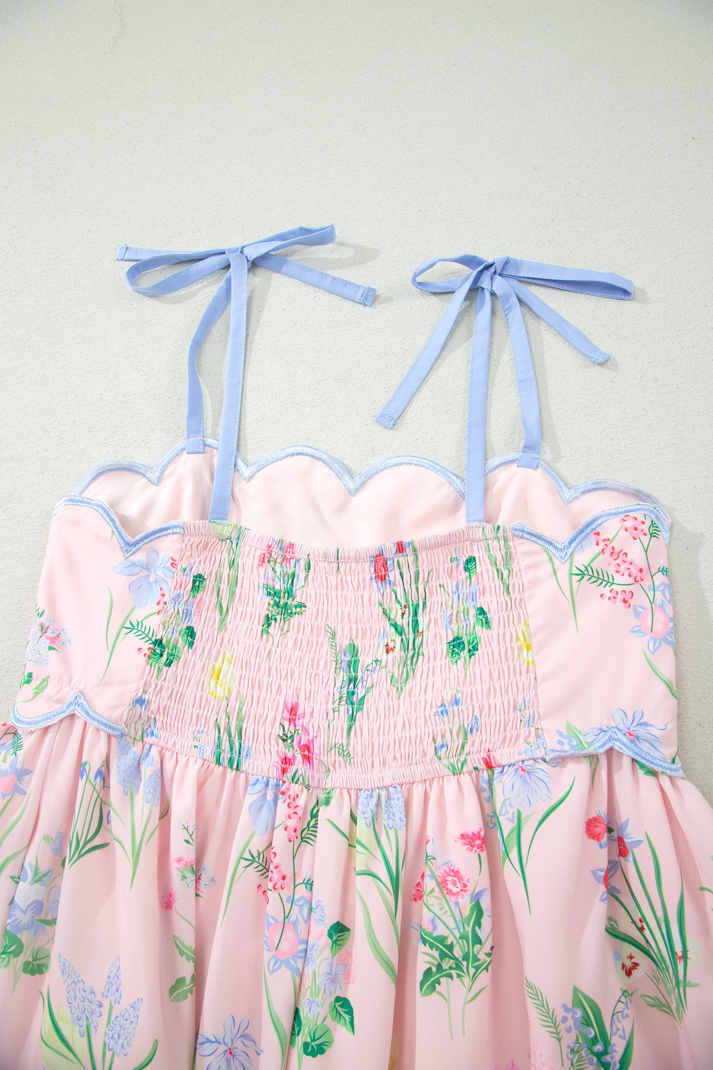 Beige Floral Print Contrast Trim Self-tie Straps High Waist Midi Dress-TOPS / DRESSES-[Adult]-[Female]-2022 Online Blue Zone Planet