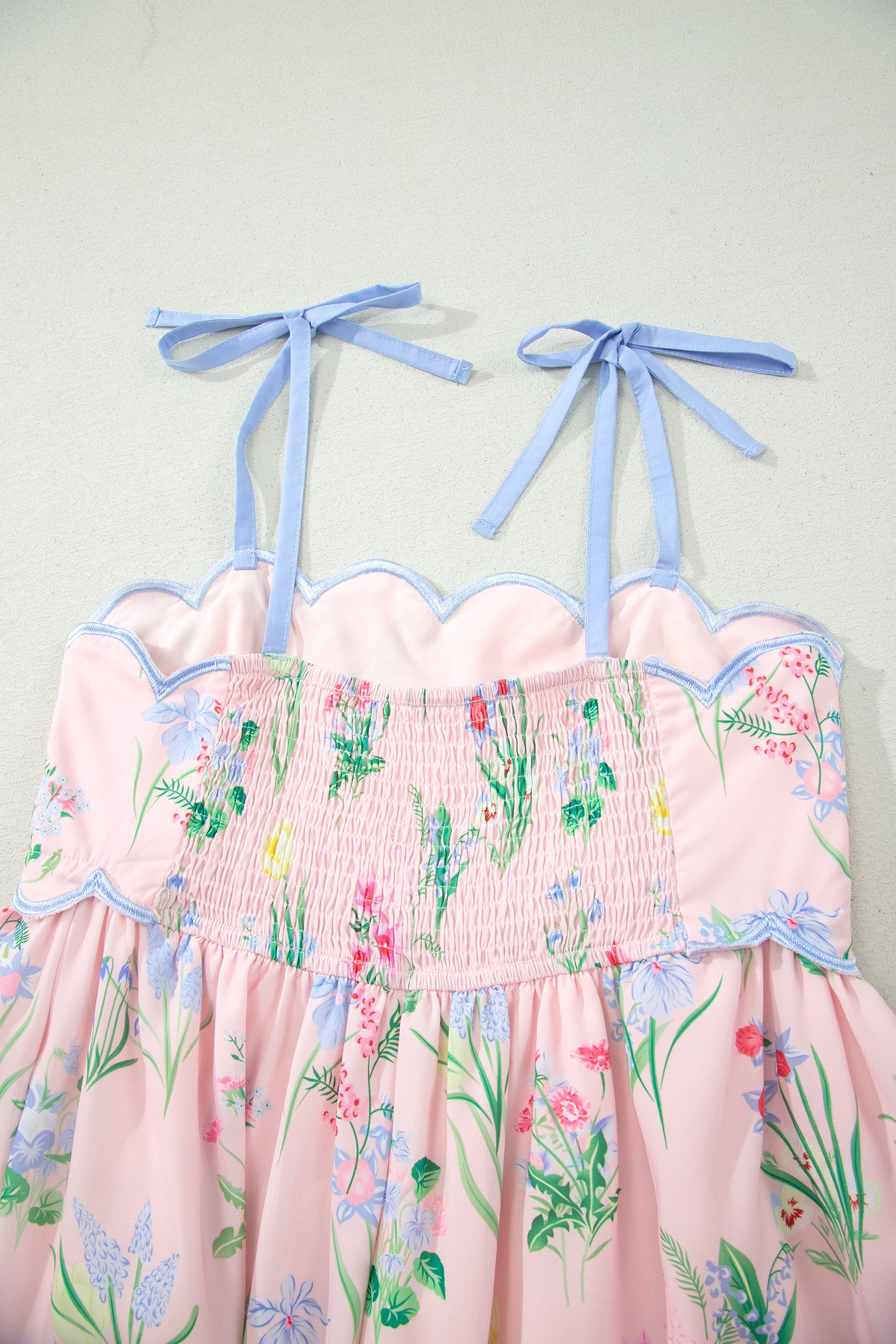 Beige Floral Print Contrast Trim Self-tie Straps High Waist Midi Dress-TOPS / DRESSES-[Adult]-[Female]-2022 Online Blue Zone Planet