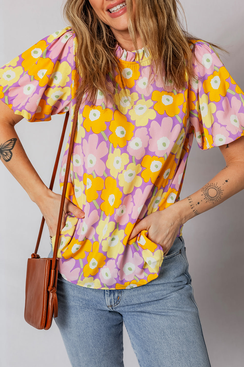 Purple Frilled Neck Puff Short Sleeve Flower Top-Tops/Blouses & Shirts-[Adult]-[Female]-2022 Online Blue Zone Planet