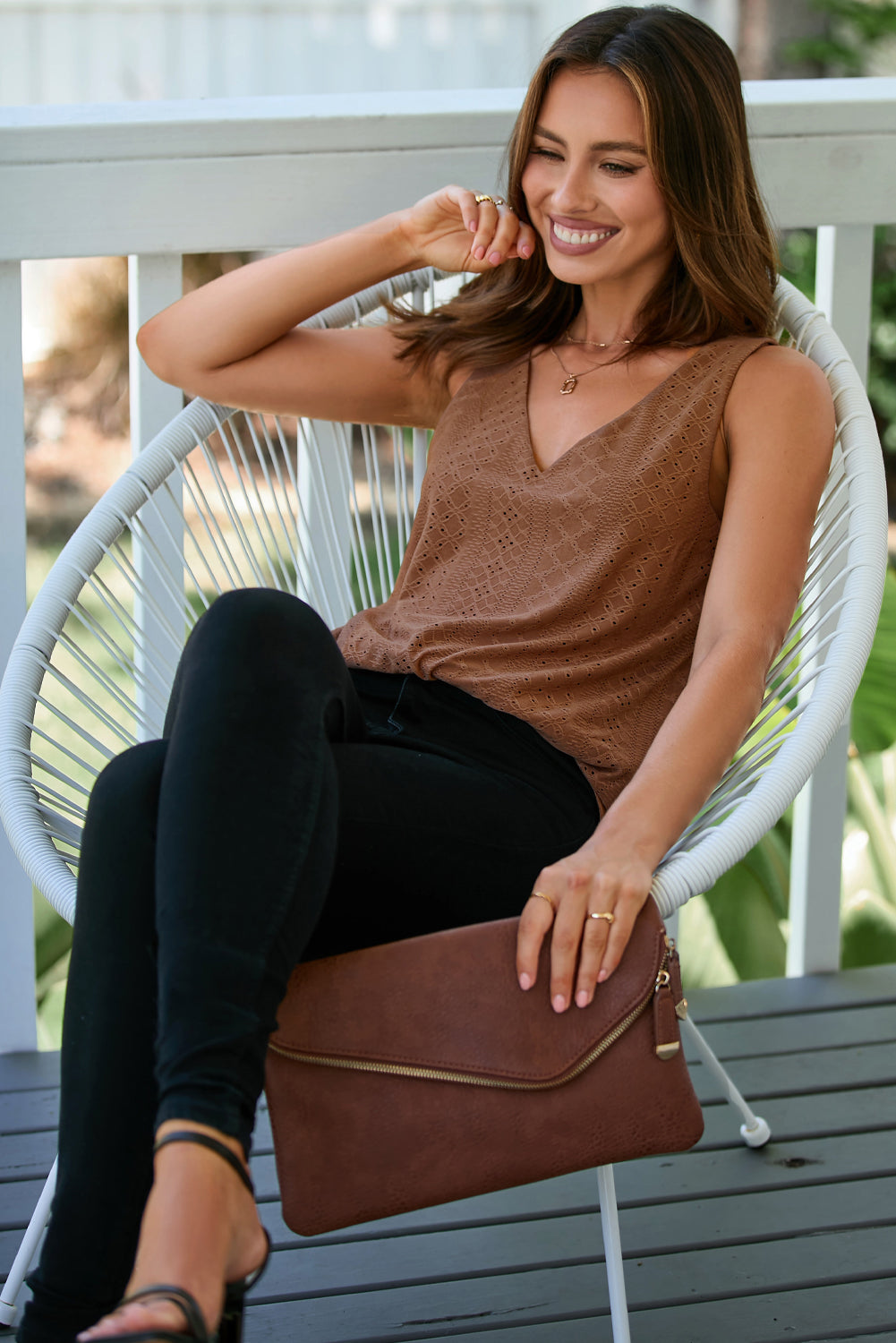Coffee Eyelet Knit Patterned Loose V Neck Tank Top-Tops/Tank Tops-[Adult]-[Female]-2022 Online Blue Zone Planet