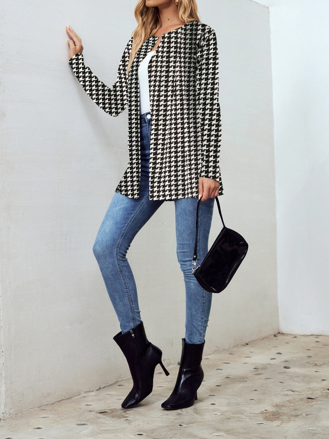 Houndstooth Open Front Long Sleeve Jacket-TOPS / DRESSES-[Adult]-[Female]-2022 Online Blue Zone Planet