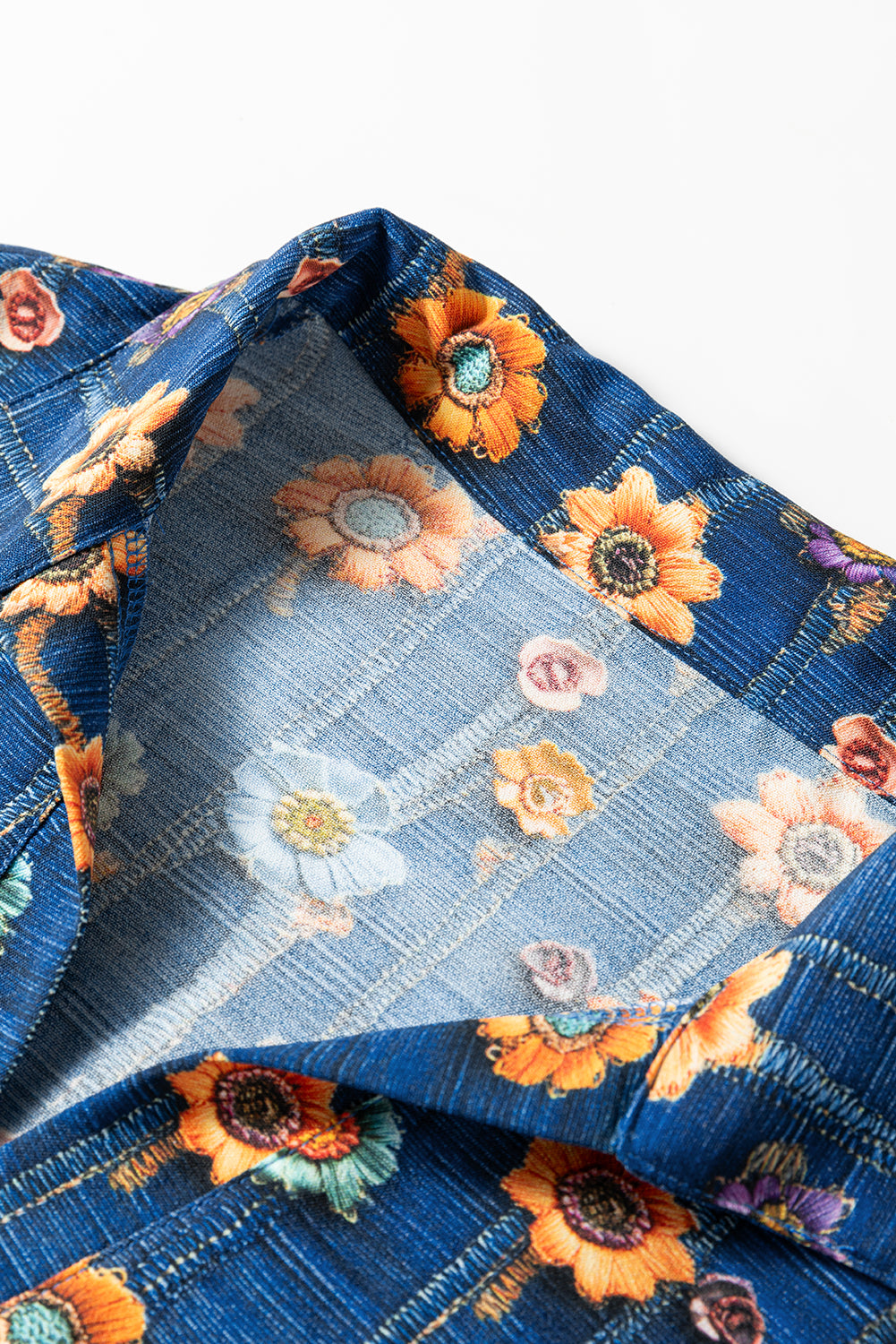 Blue Floral Collared V Neck Roll Up Sleeve Shift Blouse-Tops/Blouses & Shirts-[Adult]-[Female]-2022 Online Blue Zone Planet