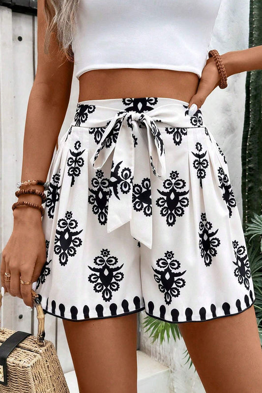Black Tribal Geometric Print Belted High Waist Casual Shorts-Bottoms/Casual Shorts-[Adult]-[Female]-Black-S-2022 Online Blue Zone Planet