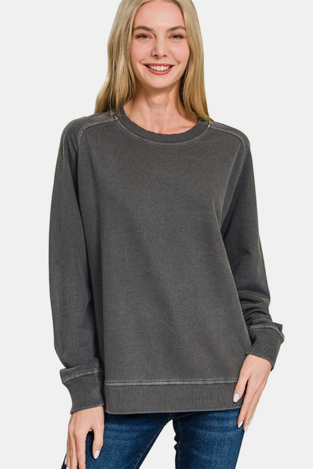 Zenana Full Size Pigment Dyed French Terry Sweatshirt-TOPS / DRESSES-[Adult]-[Female]-Black-S-2022 Online Blue Zone Planet