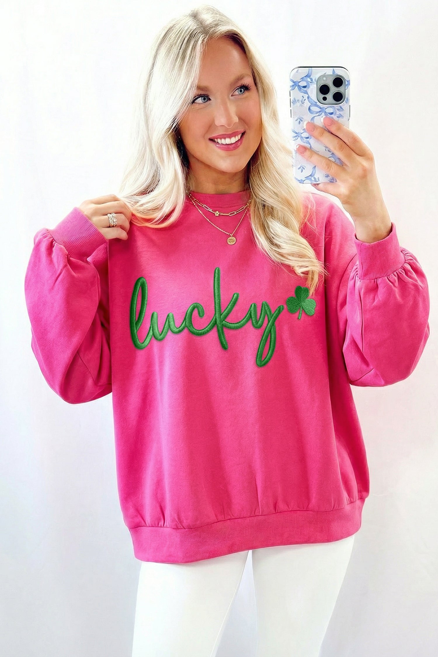 Rose Red Lucky Clover Embroidered Loose Pullover Sweatshirt-Sweatshirts & Hoodies-[Adult]-[Female]-2022 Online Blue Zone Planet