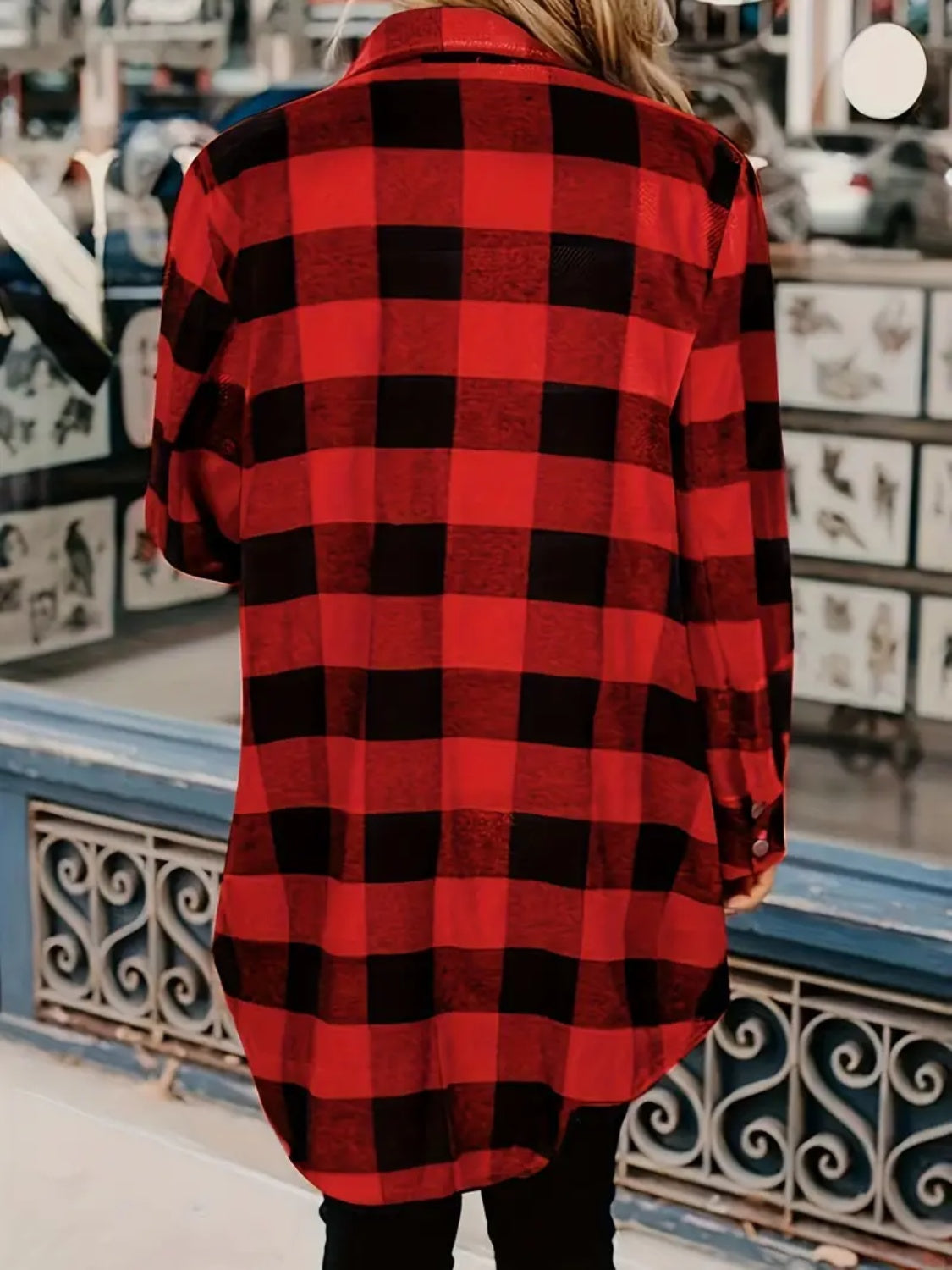 Plaid Collared Neck Snap Down Long Sleeve Jacket-TOPS / DRESSES-[Adult]-[Female]-2022 Online Blue Zone Planet