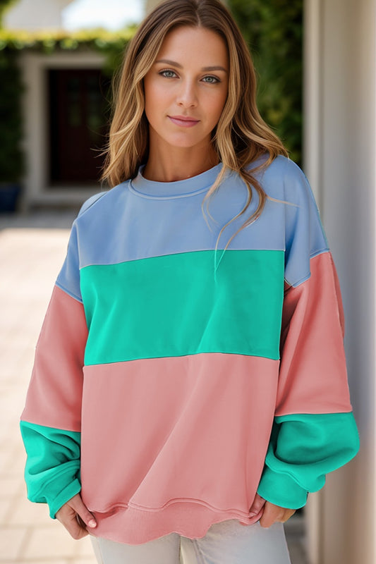 Blue Zone Planet | Color Block Round Neck Long Sleeve Sweatshirt-TOPS / DRESSES-[Adult]-[Female]-Tiffany Blue-S-2022 Online Blue Zone Planet