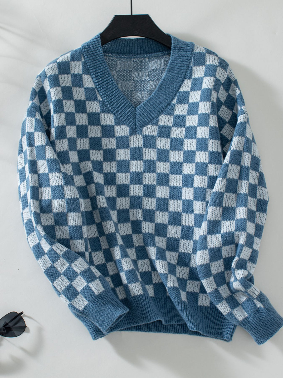 Blue Zone Planet | Checkered V-Neck Dropped Shoulder Sweater-TOPS / DRESSES-[Adult]-[Female]-Dusty Blue-S-2022 Online Blue Zone Planet