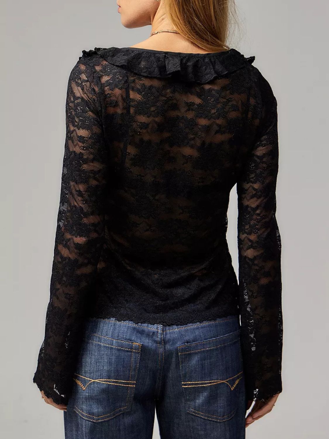 Tied V-Neck Long Sleeve Lace Shirt-TOPS / DRESSES-[Adult]-[Female]-2022 Online Blue Zone Planet