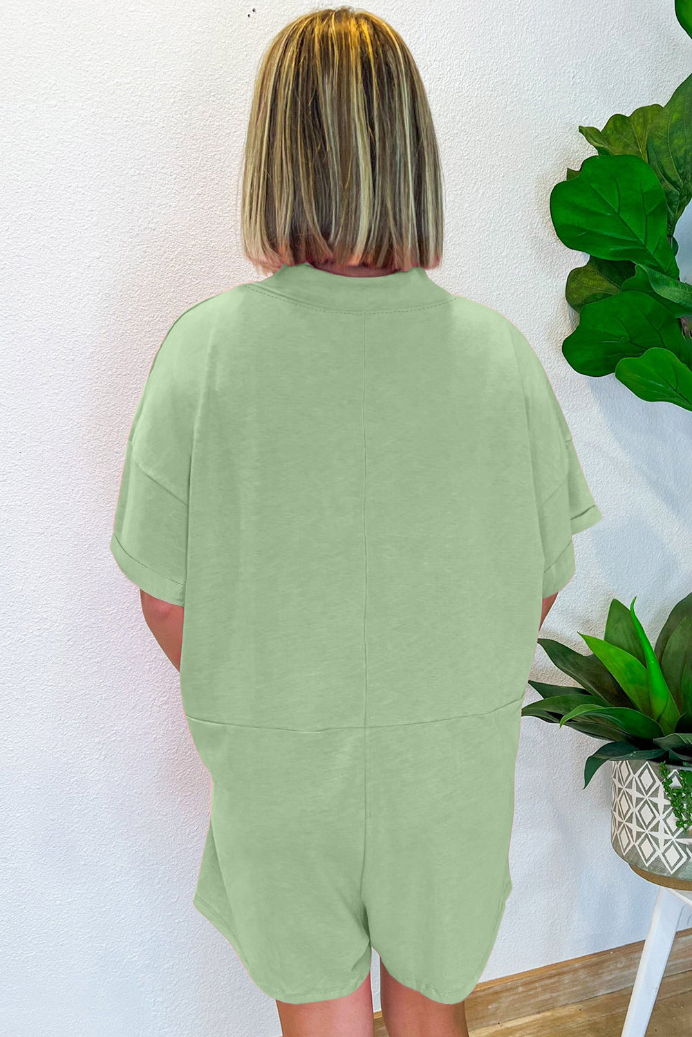 Grass Green Loose Half Sleeve V Neck Knit Romper-Bottoms/Jumpsuits & Rompers-[Adult]-[Female]-2022 Online Blue Zone Planet