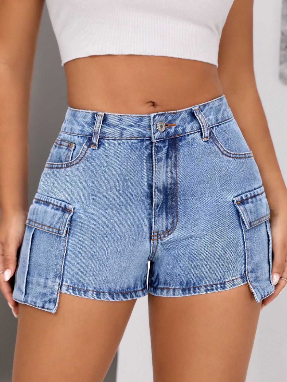 Mid-Rise Waist Denim Shorts with Pockets-BOTTOMS SIZES SMALL MEDIUM LARGE-[Adult]-[Female]-2022 Online Blue Zone Planet