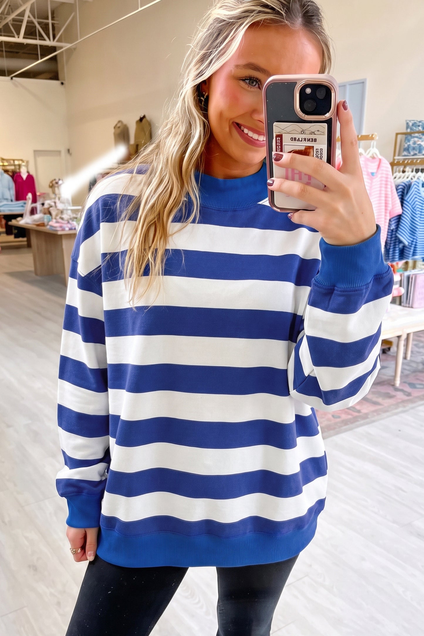 Blue Stripe Colorblock Mock Neck Relaxed Sweatshirt-Tops/Sweatshirts & Hoodies-[Adult]-[Female]-2022 Online Blue Zone Planet