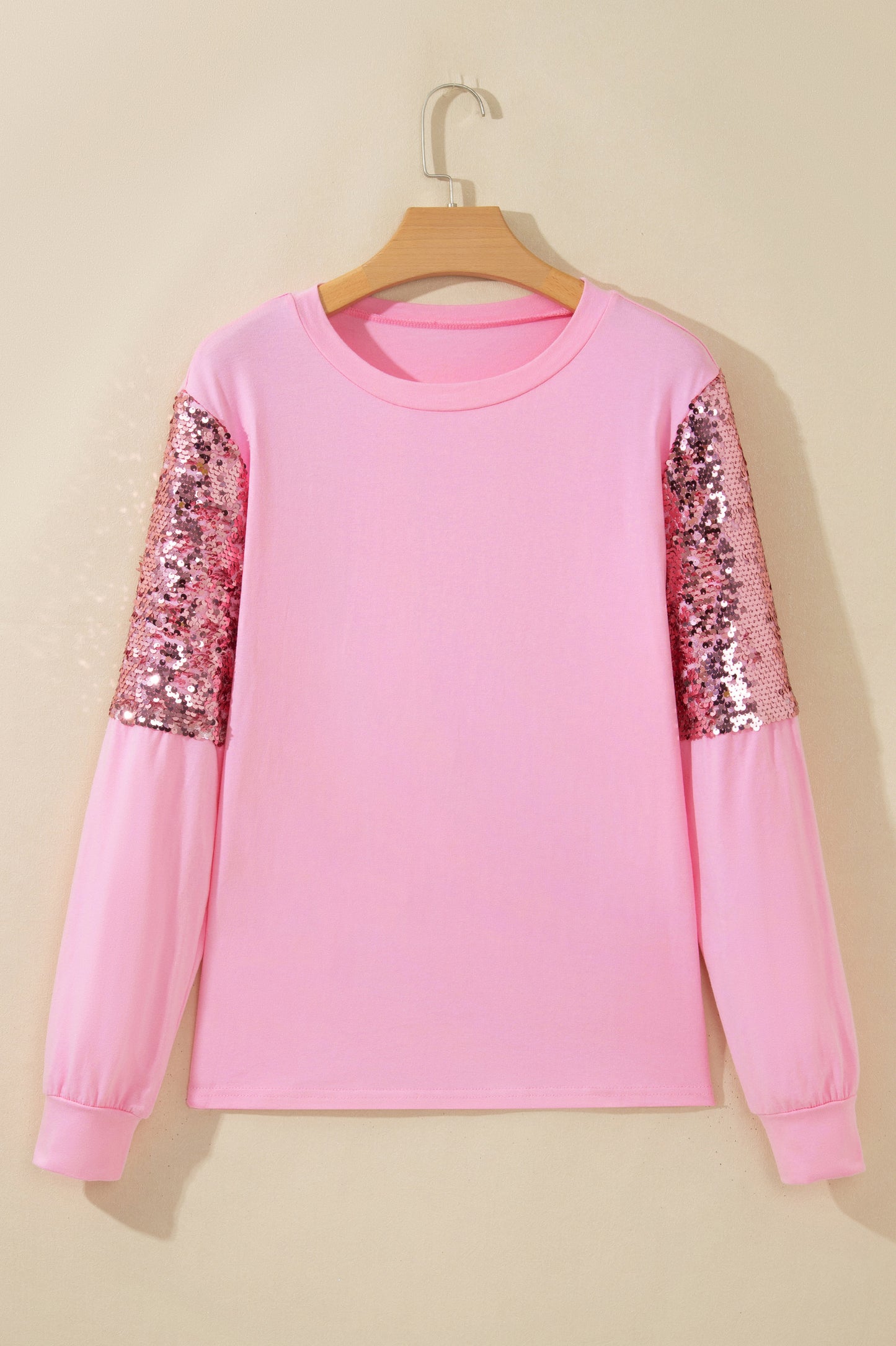 Pink Long Sleeve Sequin Round Neck Pullover Top-Tops/Long Sleeve Tops-[Adult]-[Female]-2022 Online Blue Zone Planet