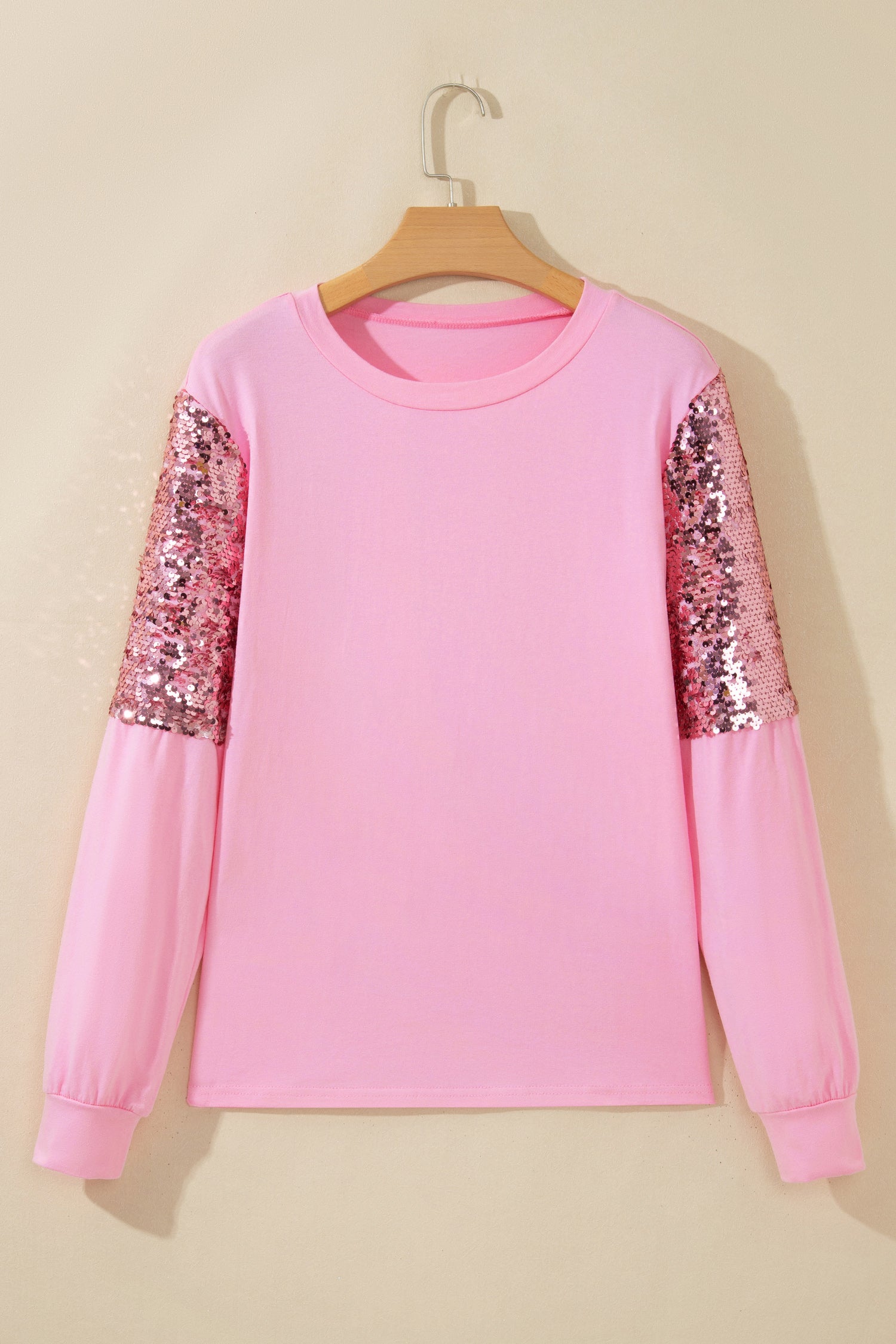 Pink Long Sleeve Sequin Round Neck Pullover Top-Tops/Long Sleeve Tops-[Adult]-[Female]-2022 Online Blue Zone Planet