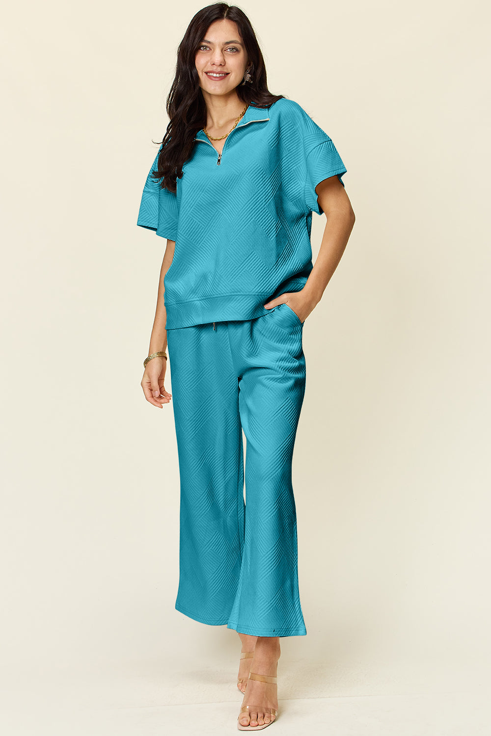 Blue Zone Planet | Double Take Full Size Texture Half Zip Short Sleeve Top and Pants Set-TOPS / DRESSES-[Adult]-[Female]-Light Blue-S-2022 Online Blue Zone Planet