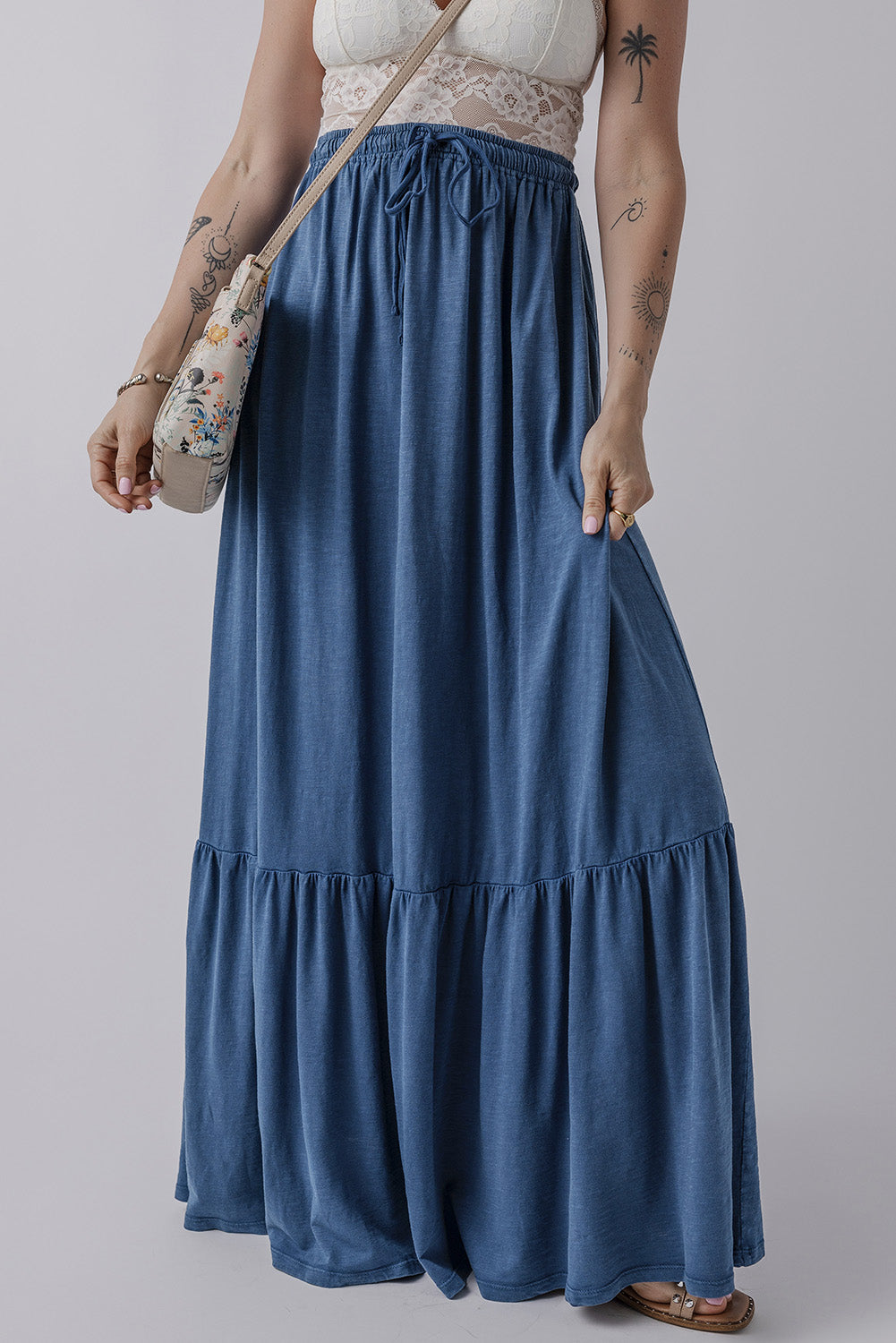 Blue Zone Planet | Sail Blue Solid Color Lace up High Waist Tiered Maxi Skirt-Bottoms/Skirts & Petticoat-[Adult]-[Female]-Sail Blue-S-2022 Online Blue Zone Planet