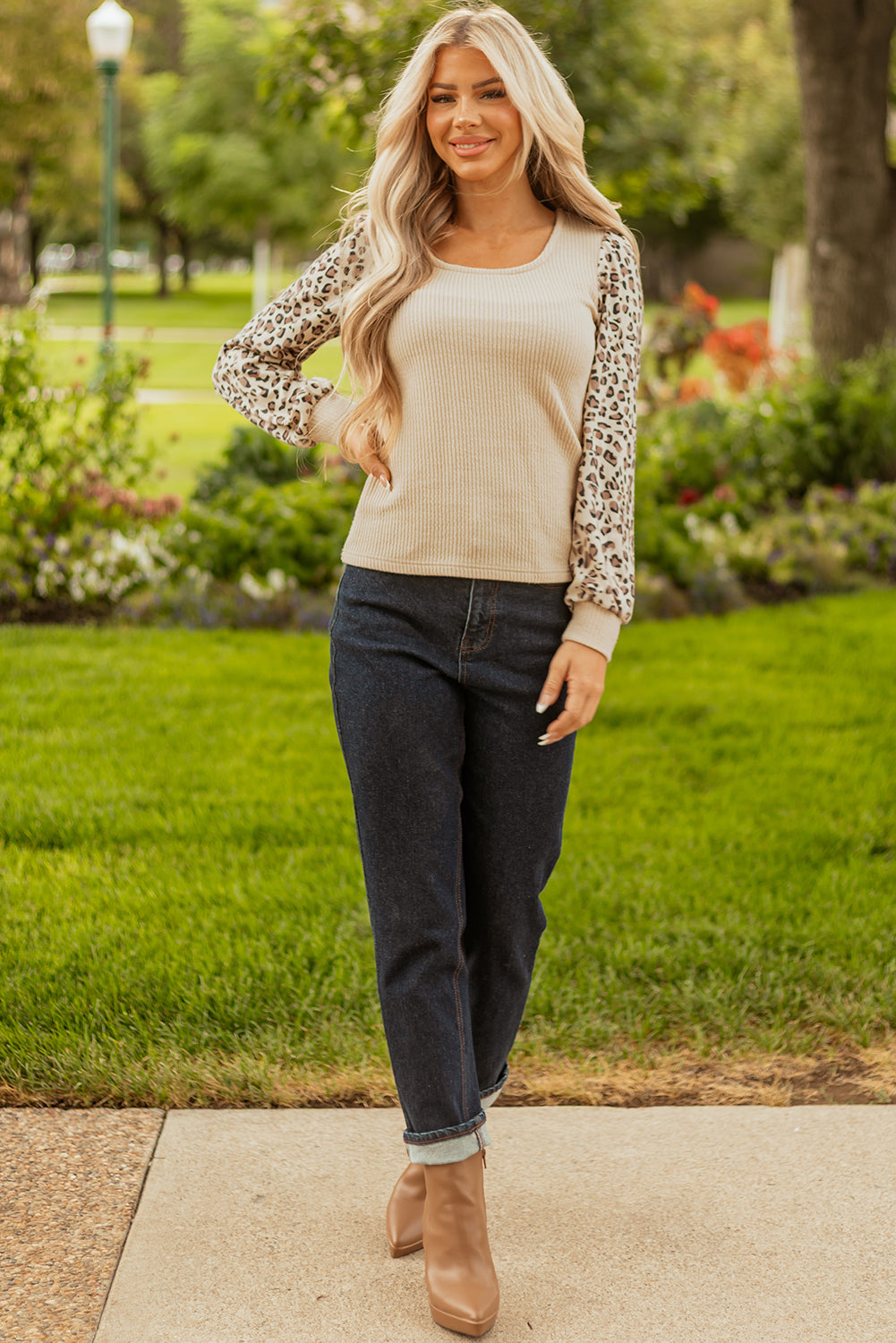 Apricot Leopard Sleeve Patchwork Ribbed Knit U Neck Top-Tops/Long Sleeve Tops-[Adult]-[Female]-2022 Online Blue Zone Planet
