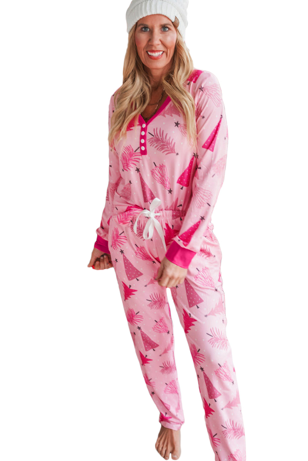 Pink Christmas Tree Print V Neck Buttoned Pullover and Pants Pajama Set-Loungewear Set-[Adult]-[Female]-2022 Online Blue Zone Planet