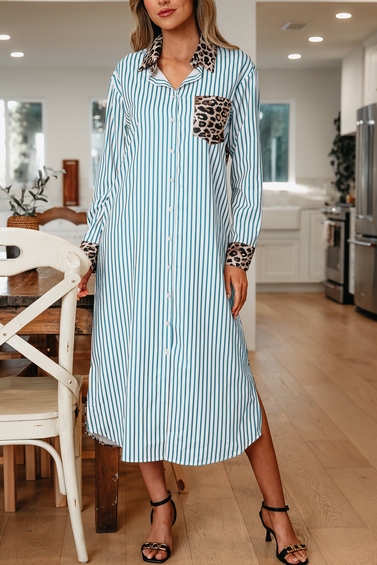 Sky Blue Stripe Contrast Leopard Patchwork Long Shirt Dress with Slits-TOPS / DRESSES-[Adult]-[Female]-2022 Online Blue Zone Planet