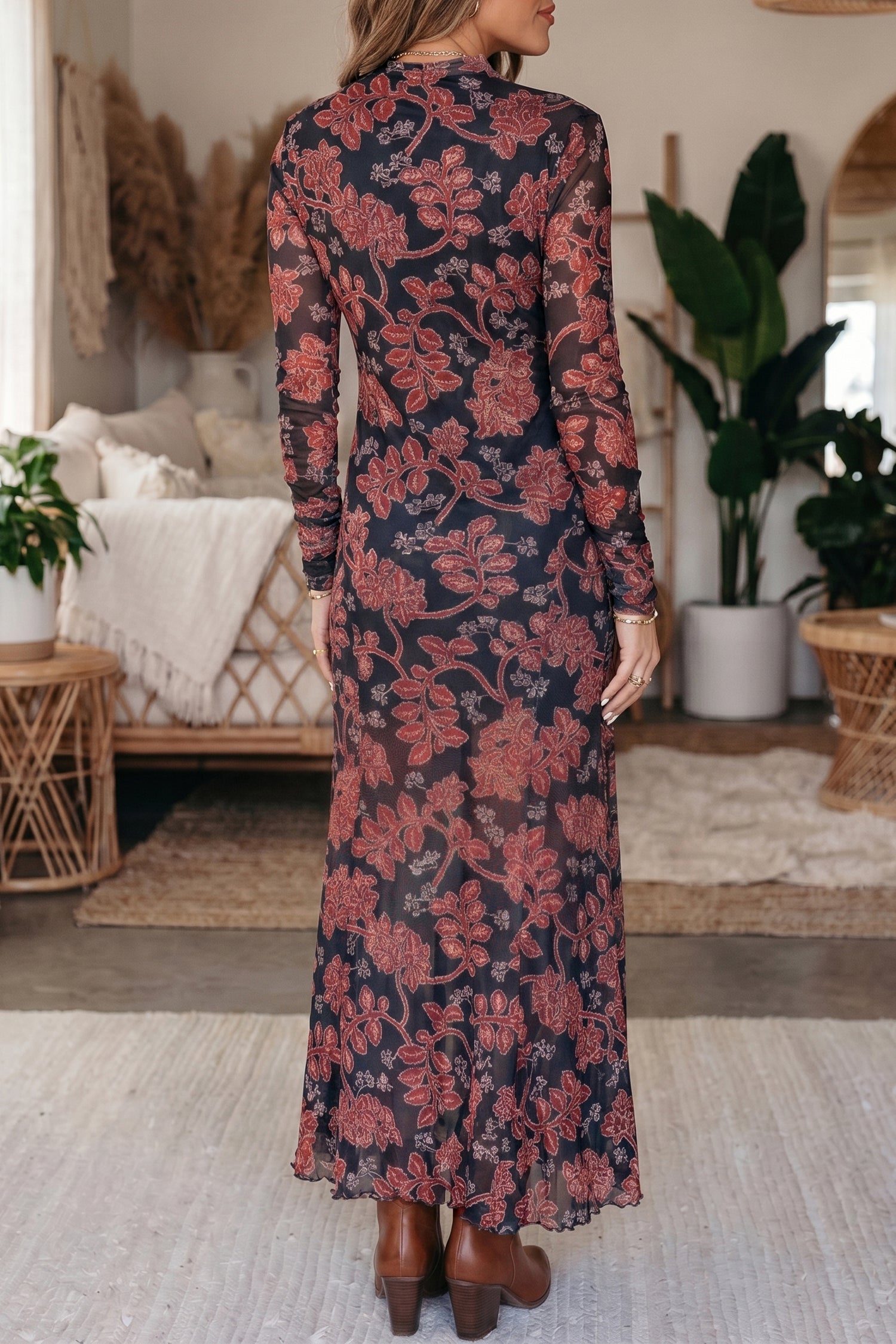 Black Retro Floral Print Long Sleeve Casual Mesh Dress-Dresses/Maxi Dresses-[Adult]-[Female]-2022 Online Blue Zone Planet