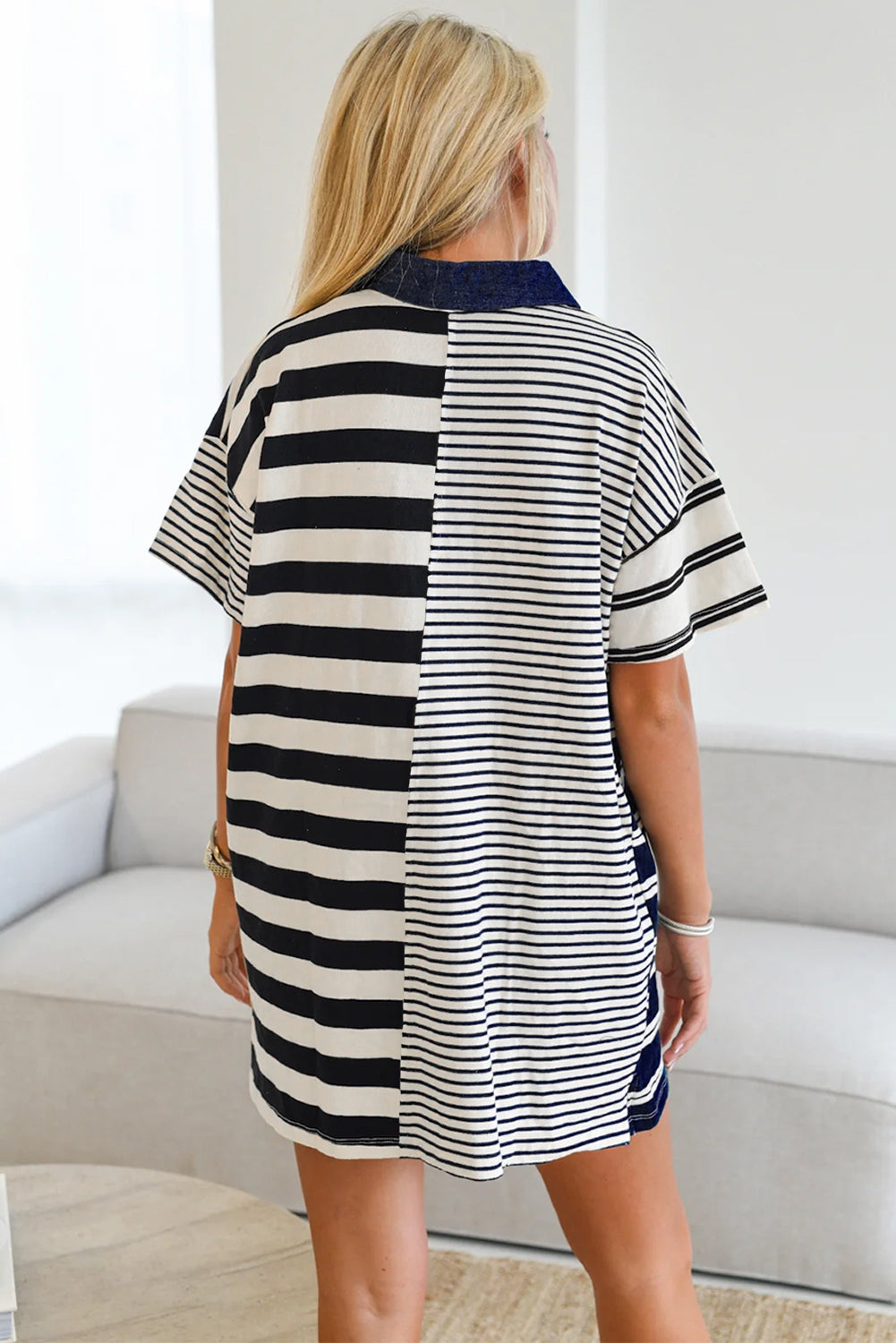 Black Stripe Half Placket Polo T Shirt Dress-TOPS / DRESSES-[Adult]-[Female]-2022 Online Blue Zone Planet