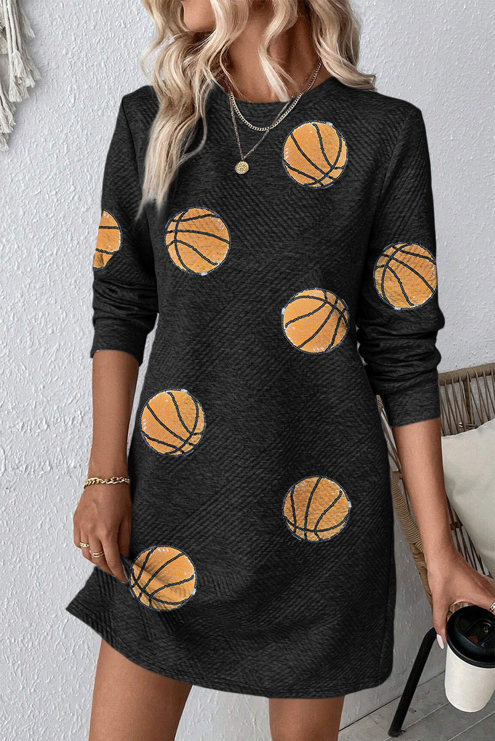 Gray Sequin Basketball Patched Textured Crewneck Shift Mini Dress-Graphic Apparel-[Adult]-[Female]-Black-S-2022 Online Blue Zone Planet