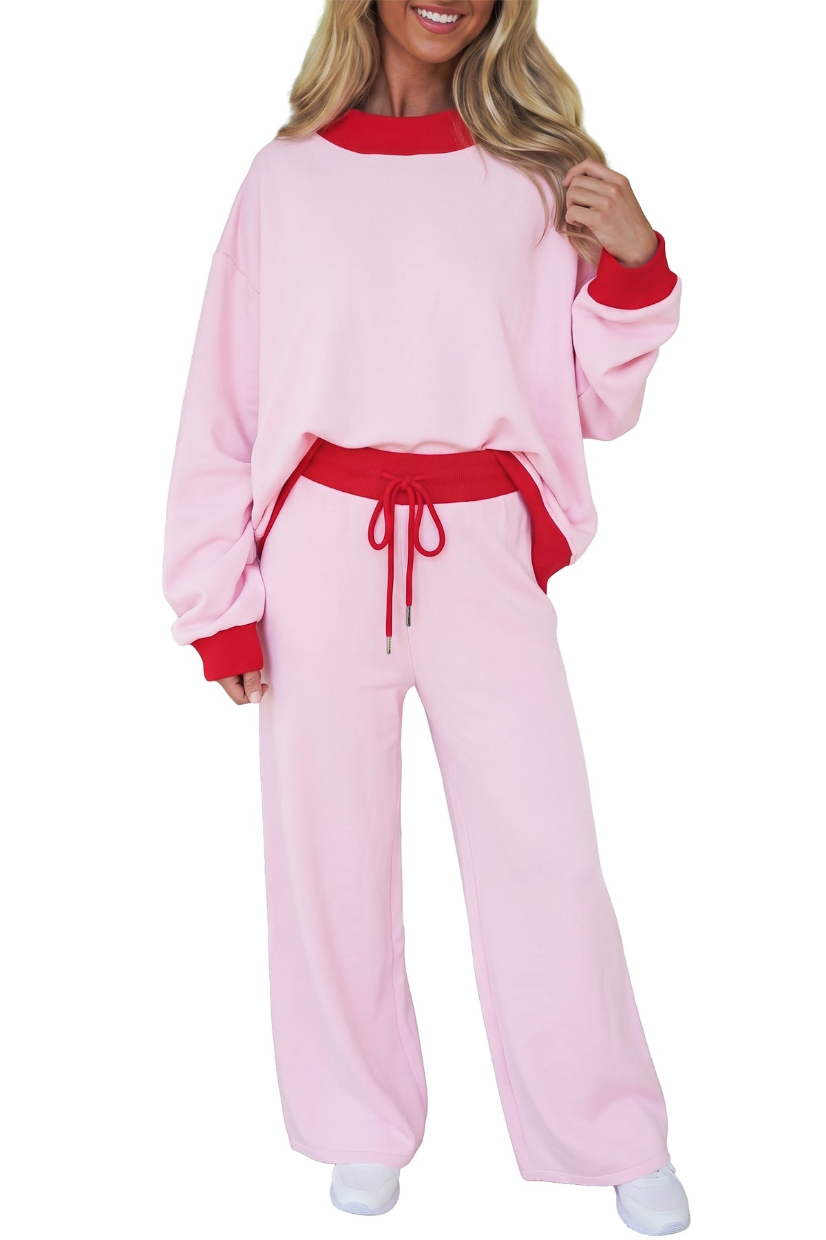 Light Pink Color Block Trim Long Sleeve Pullover Drawstring Shift Pants Set-Two Piece Sets/Pant Sets-[Adult]-[Female]-2022 Online Blue Zone Planet