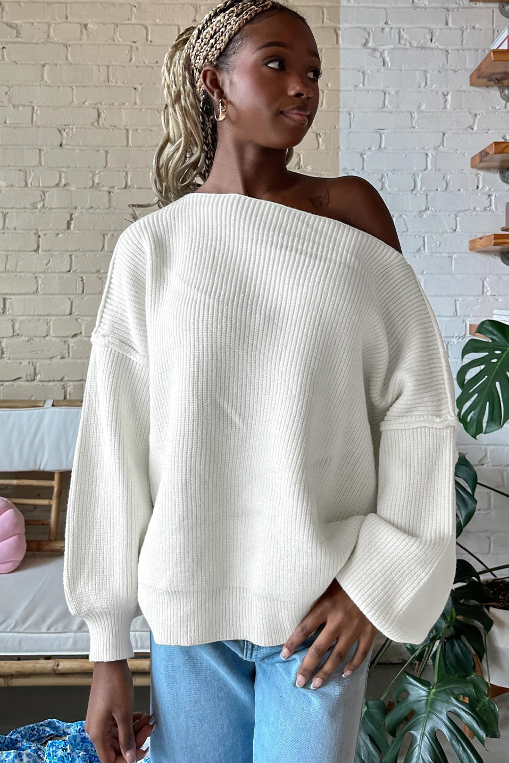 White Asymmetric Neck Drop Shoulder Baggy Slouchy Sweater-TOPS / DRESSES-[Adult]-[Female]-2022 Online Blue Zone Planet