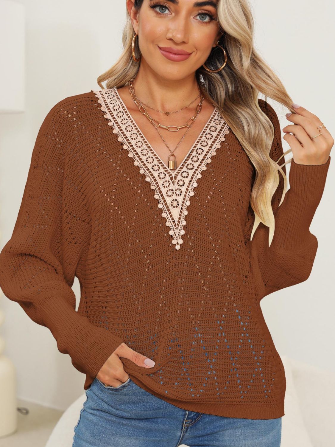 Blue Zone Planet | Lace Detail V-Neck Long Sleeve Sweater-TOPS / DRESSES-[Adult]-[Female]-Brown-S-2022 Online Blue Zone Planet