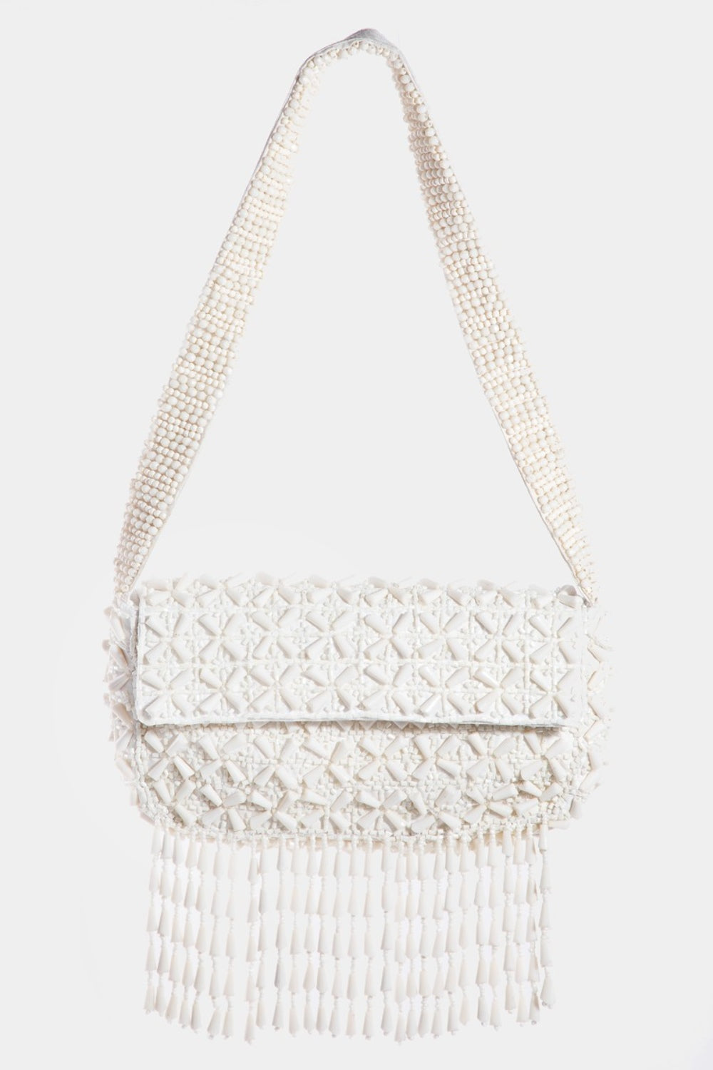 Blue Zone Planet | Fame Beaded Fringe Rectangle Shoulder Bag-HANDBAGS-[Adult]-[Female]-Cream-One Size-2022 Online Blue Zone Planet