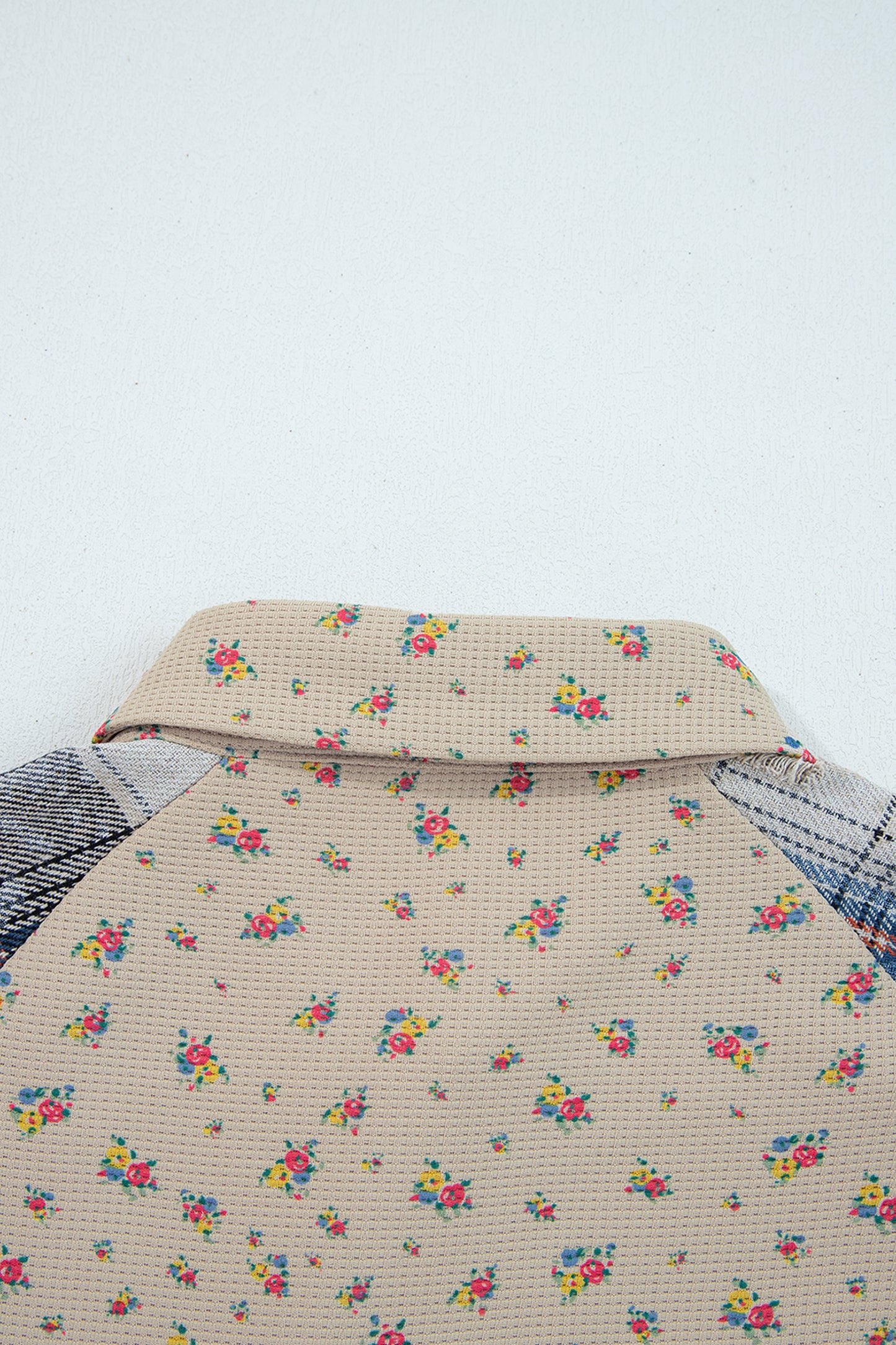 Ashleigh Blue Boho Floral Plaid Patchwork Distressed Detail Ruffled Sleeve Waffle Knit Shacket-Outerwear/Plaid Shackets-[Adult]-[Female]-2022 Online Blue Zone Planet