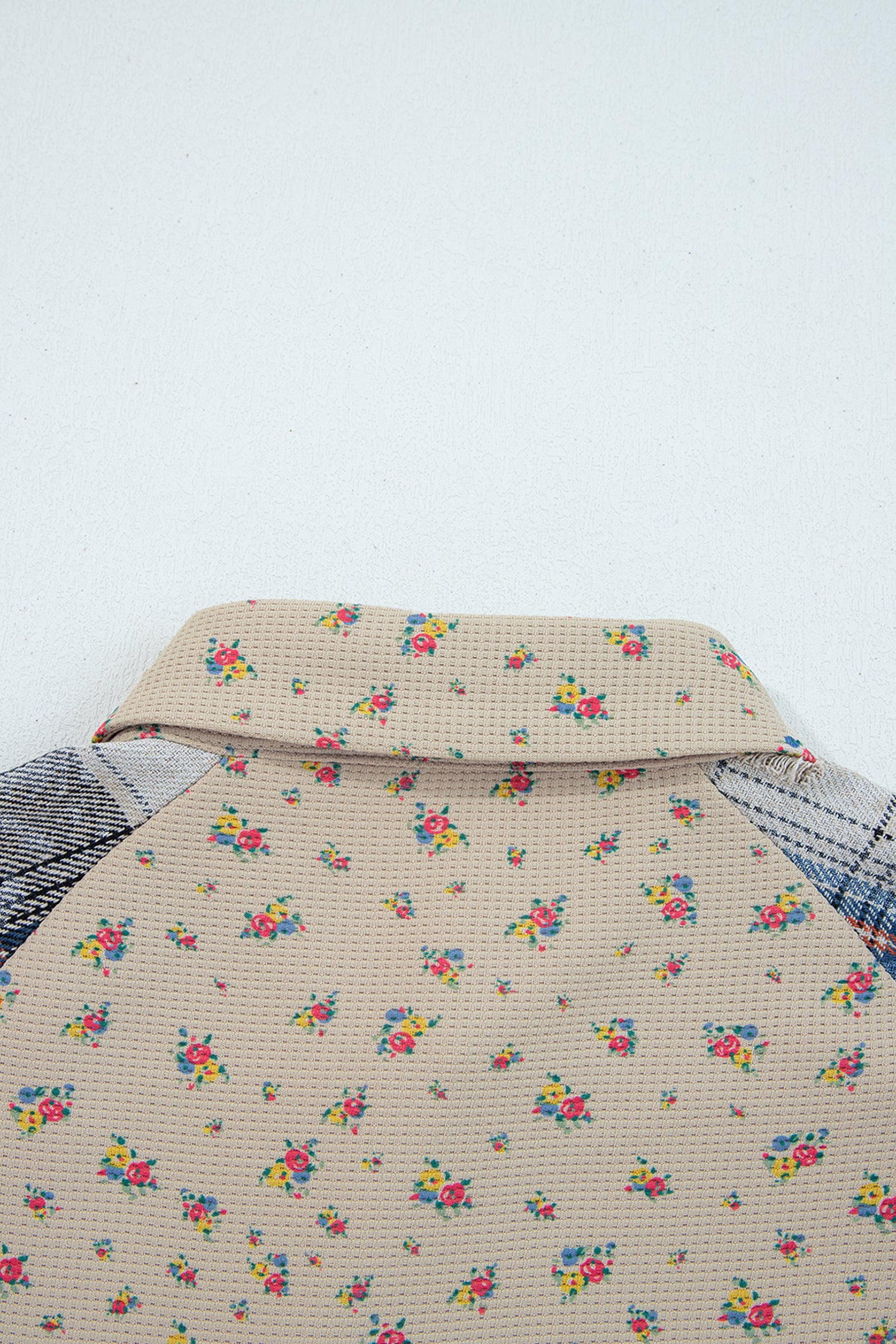 Ashleigh Blue Boho Floral Plaid Patchwork Distressed Detail Ruffled Sleeve Waffle Knit Shacket-Outerwear/Plaid Shackets-[Adult]-[Female]-2022 Online Blue Zone Planet