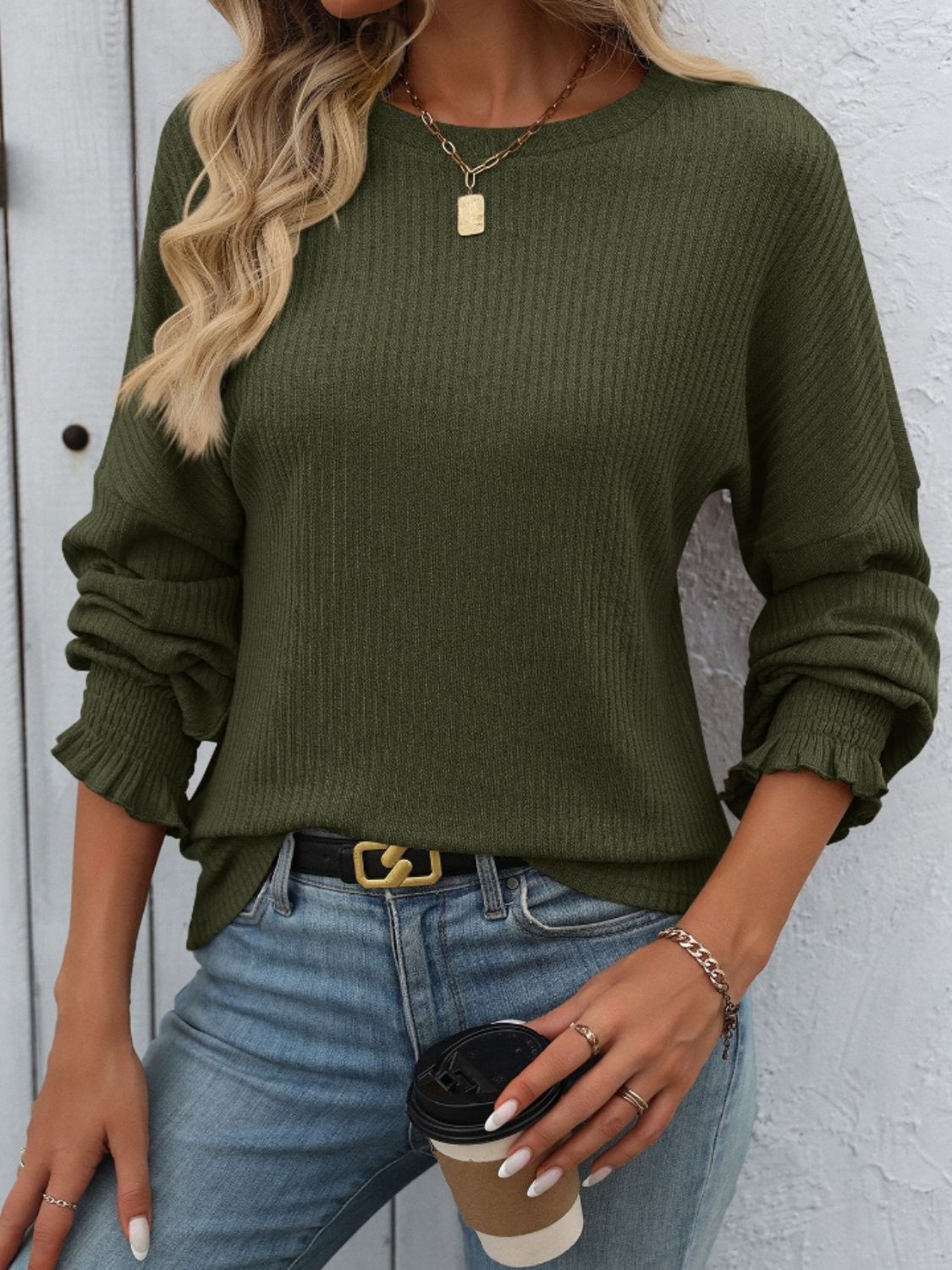 Blue Zone Planet | Mandy Ribbed Round Neck Long Sleeve T-Shirt-TOPS / DRESSES-[Adult]-[Female]-Army Green-S-2022 Online Blue Zone Planet