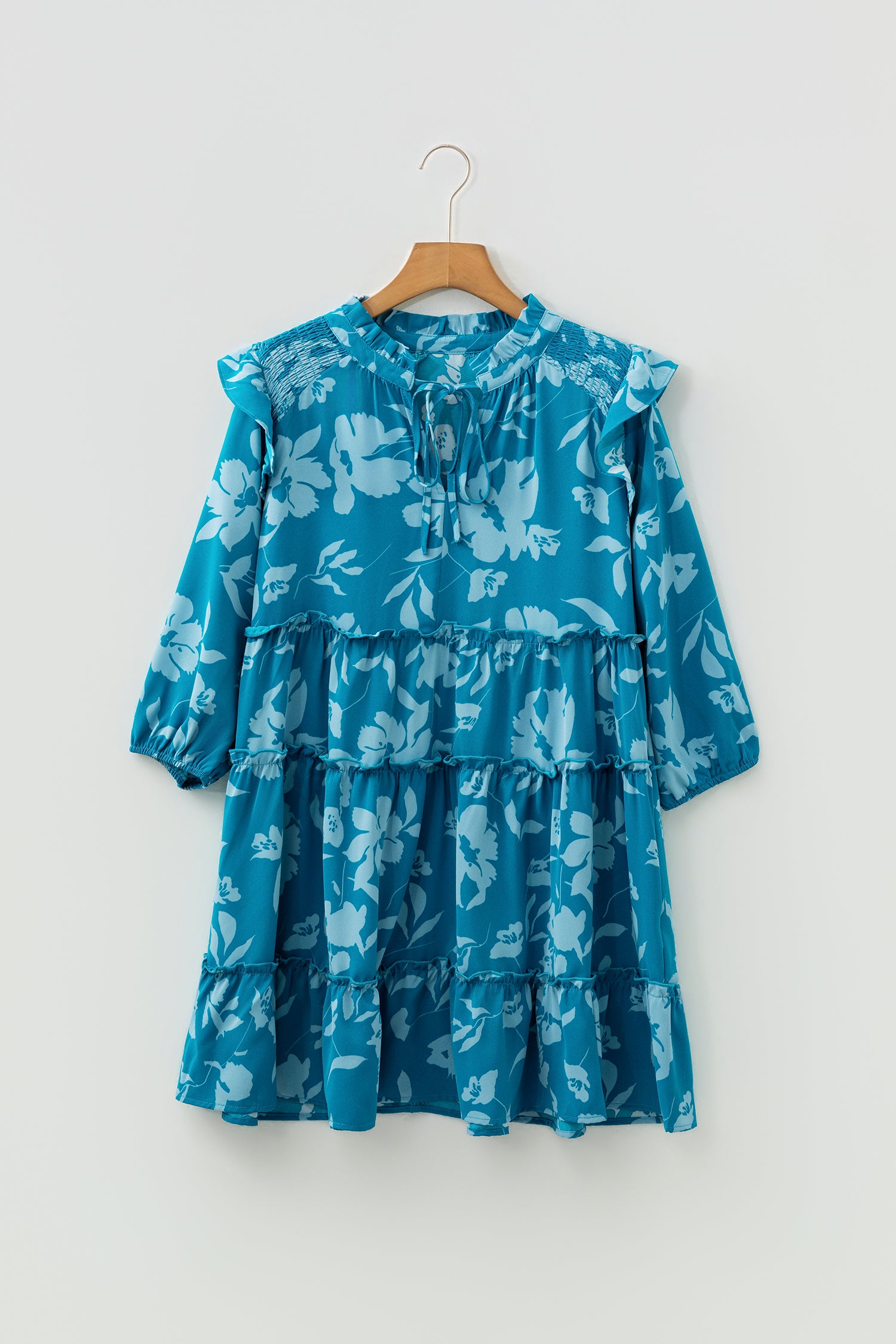 Blue Flower Half Sleeve Tiered Ruffled Mini Dress-TOPS / DRESSES-[Adult]-[Female]-2022 Online Blue Zone Planet