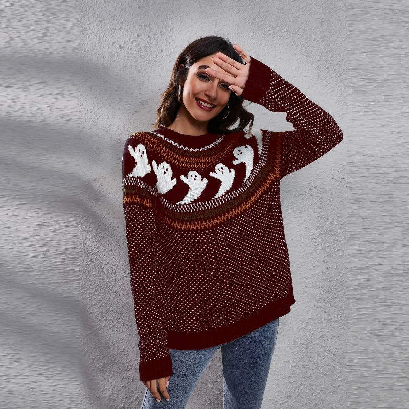 Blue Zone Planet | Women's Halloween Ghost retro wave point long sleeve knitted sweater-TOPS / DRESSES-[Adult]-[Female]-Wine Red-S-2022 Online Blue Zone Planet