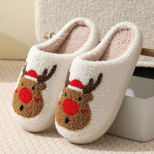 Christmas Cute Elk Pattern Cotton Slippers Indoor Home Plush Warm Slippers-[Adult]-[Female]-Red-36/37-2022 Online Blue Zone Planet