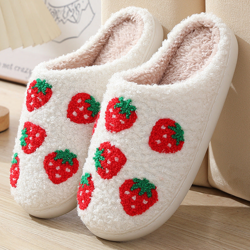 Strawberry Pattern Cotton Slippers Indoor Home Plush Warm Slippers-[Adult]-[Female]-White-36/37-2022 Online Blue Zone Planet