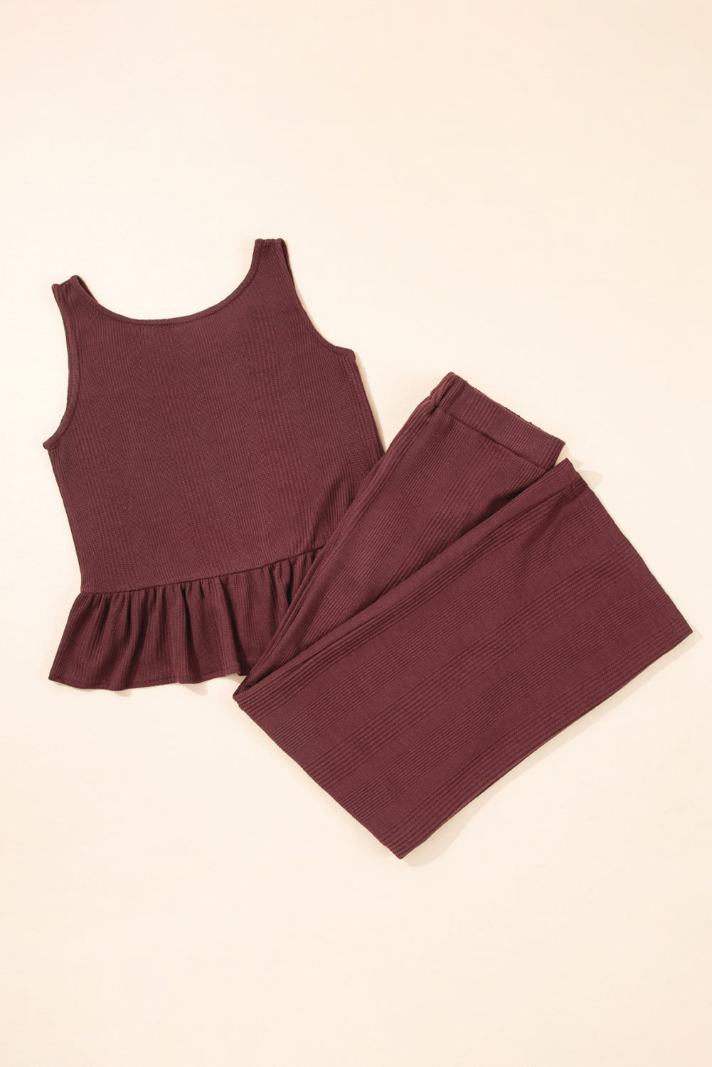 Red Dahlia Solid Color Ribbed Ruffle Tank Top and Pants Set-Two Piece Sets/Pant Sets-[Adult]-[Female]-2022 Online Blue Zone Planet