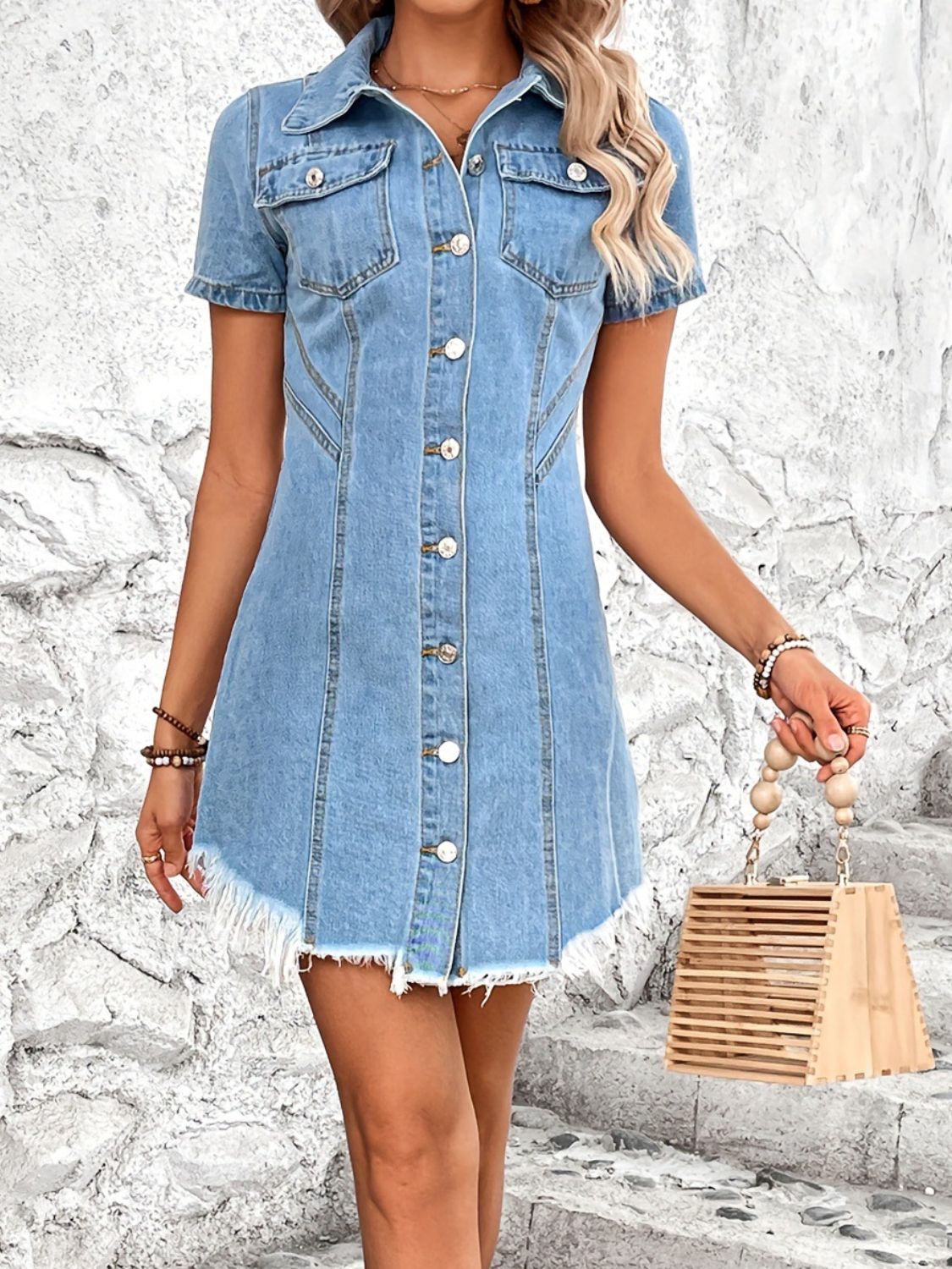 Raw Hem Button Up Short Sleeve Denim Dress-TOPS / DRESSES-[Adult]-[Female]-2022 Online Blue Zone Planet