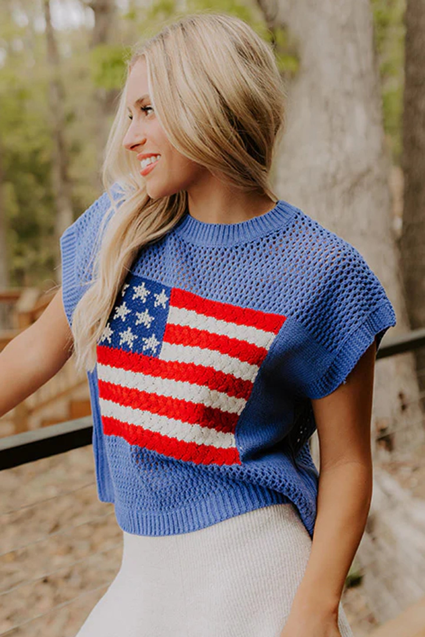 Sky Blue Flag Graphic Short Sleeve Sweater Top-TOPS / DRESSES-[Adult]-[Female]-2022 Online Blue Zone Planet