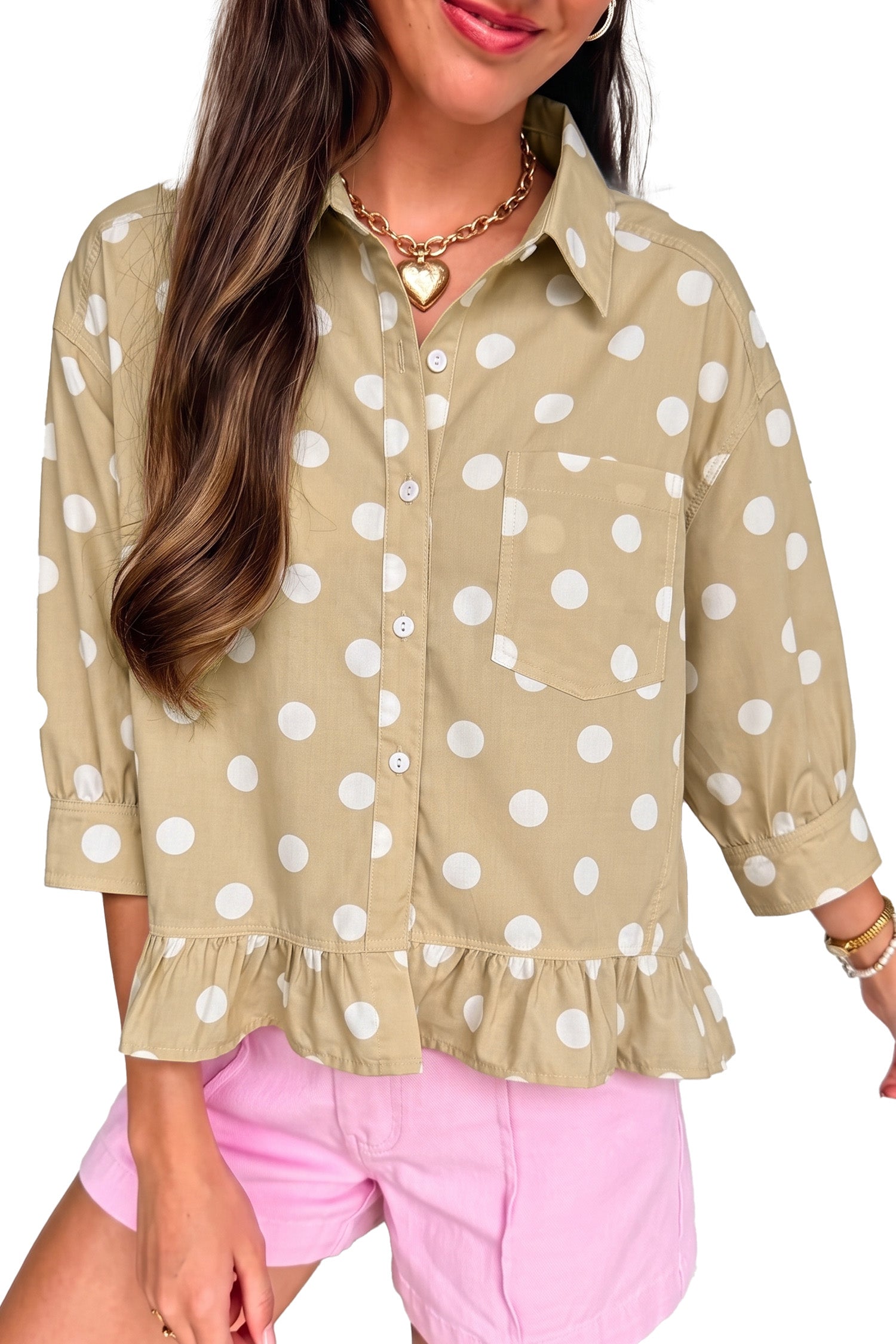 Khaki Polka Dot Print Three Quarter Sleeve Ruffle Hem Casual Shirt-Tops/Blouses & Shirts-[Adult]-[Female]-2022 Online Blue Zone Planet