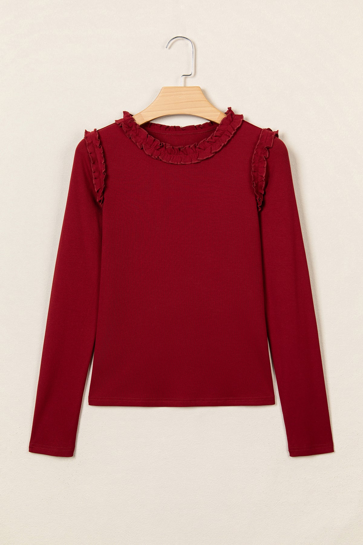 Red Dahlia Solid Color Round Neck Frill Detail Long Sleeve Top-Tops/Long Sleeve Tops-[Adult]-[Female]-2022 Online Blue Zone Planet