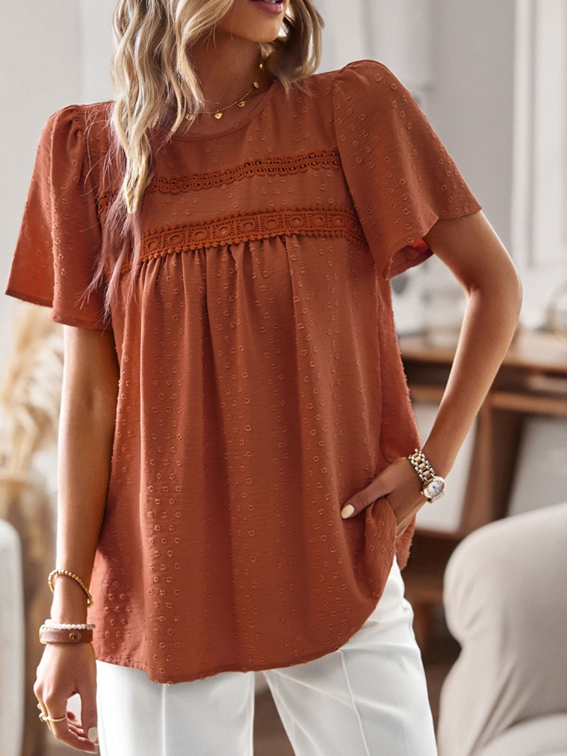 Blue Zone Planet | Lace Detail Round Neck Short Sleeve Blouse-TOPS / DRESSES-[Adult]-[Female]-Terracotta-S-2022 Online Blue Zone Planet