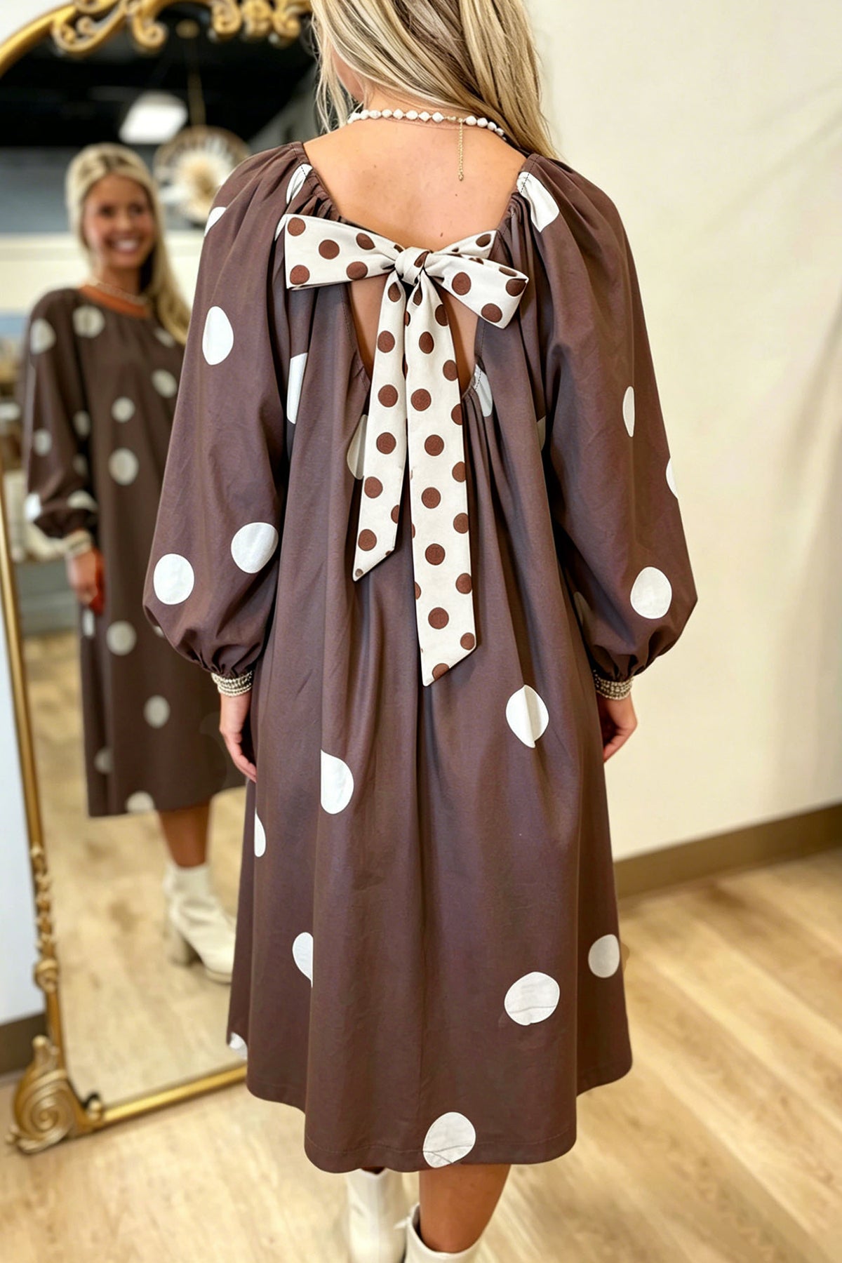 Brown Polka Dot Contrast Bow Knot Back Long Sleeve Midi Dress-TOPS / DRESSES-[Adult]-[Female]-2022 Online Blue Zone Planet